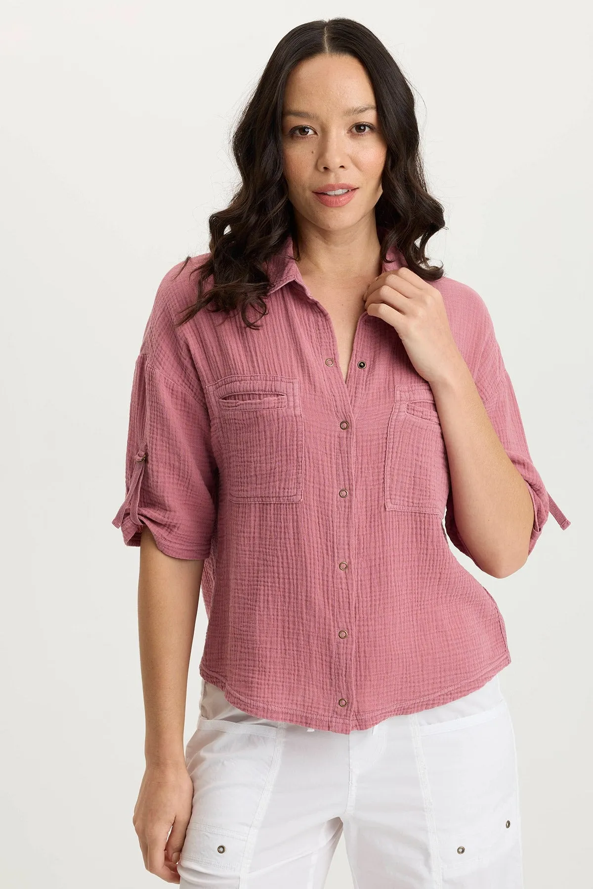 Maurise Gauze/Jersey Tabbed-Sleeve Snap-Up Top Airtight Zipper