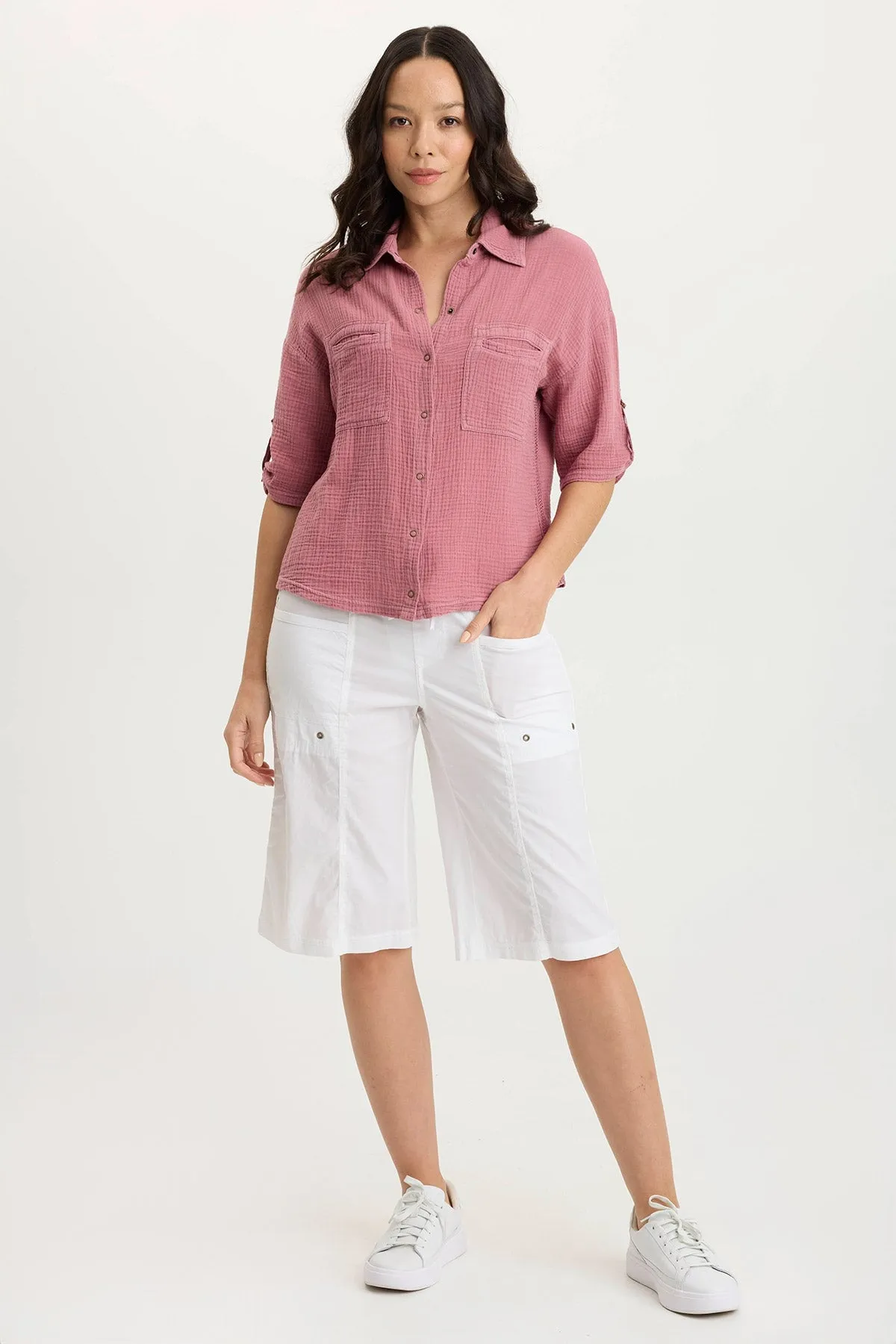 Rain Proof Regal Glow Maurise Gauze/Jersey Tabbed-Sleeve Snap-Up Top
