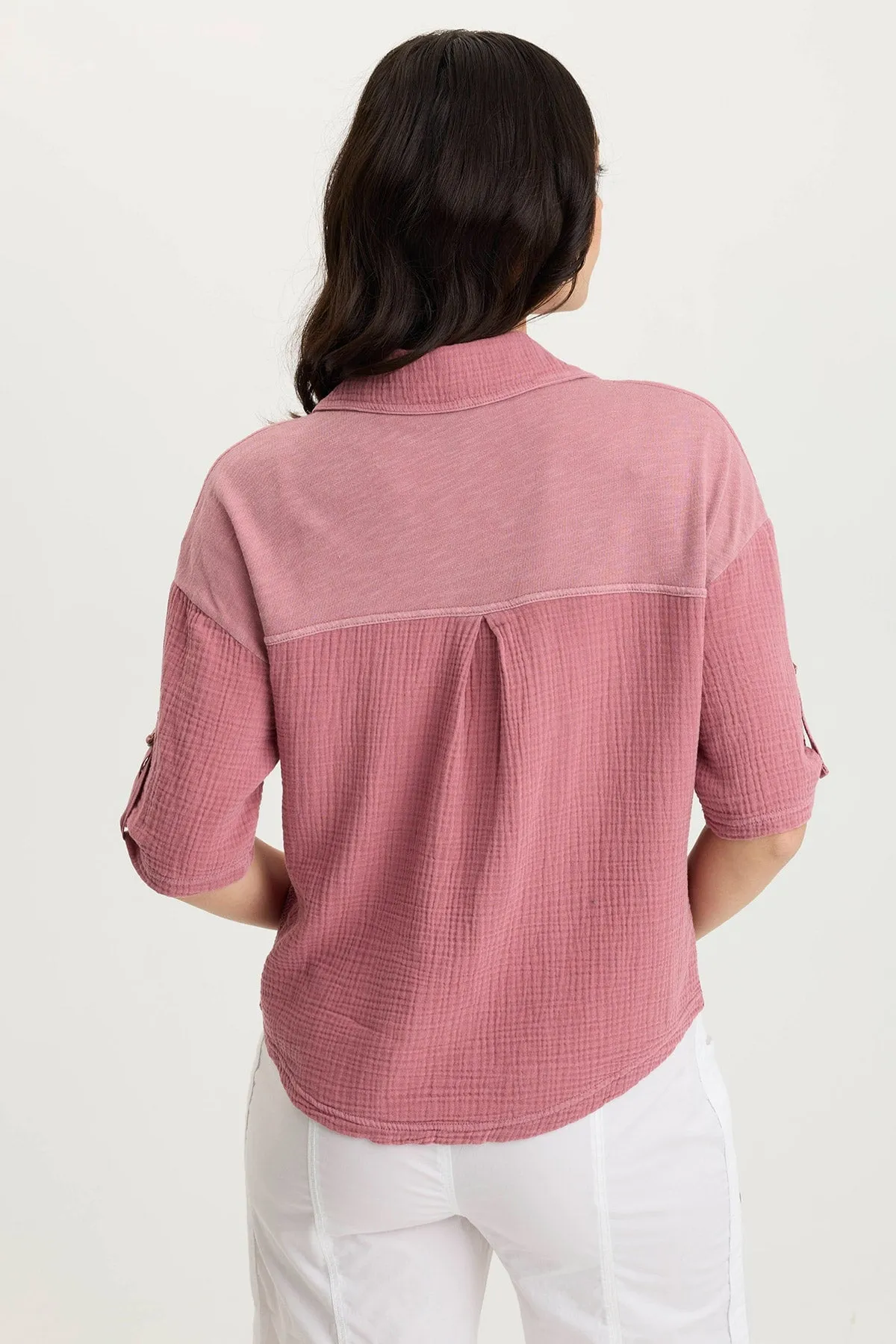 OdorControlClothing Maurise Gauze/Jersey Tabbed-Sleeve Snap-Up Top