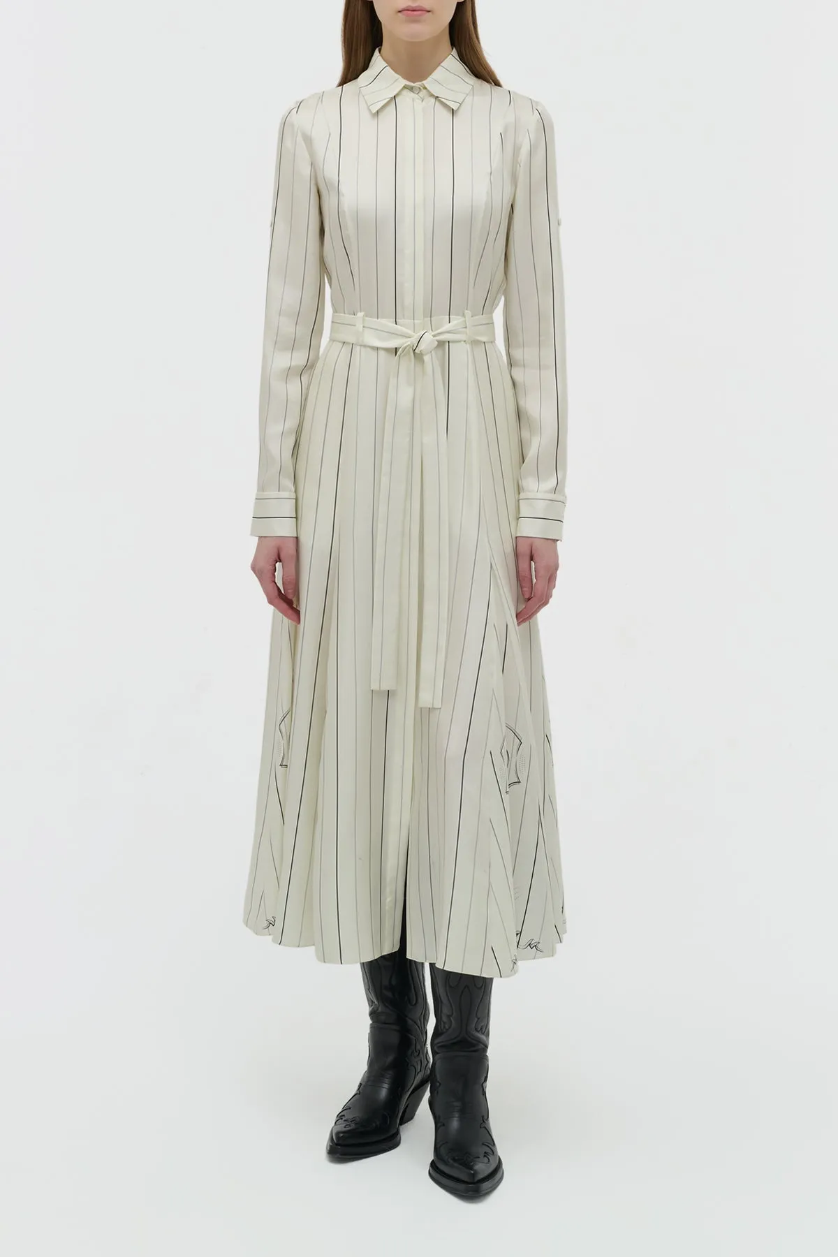 Galway Shirtdress in Ivory Multi Pinstripe Silk Twill Training Fit
