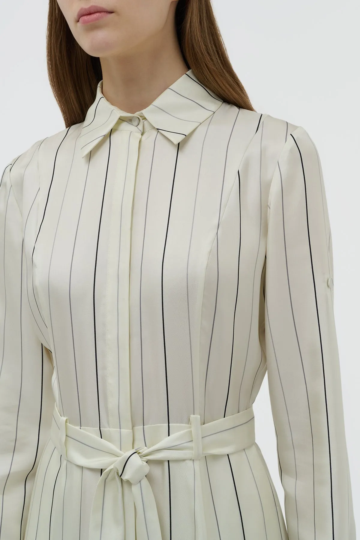 Galway Shirtdress in Ivory Multi Pinstripe Silk Twill Self Love NonIrritating