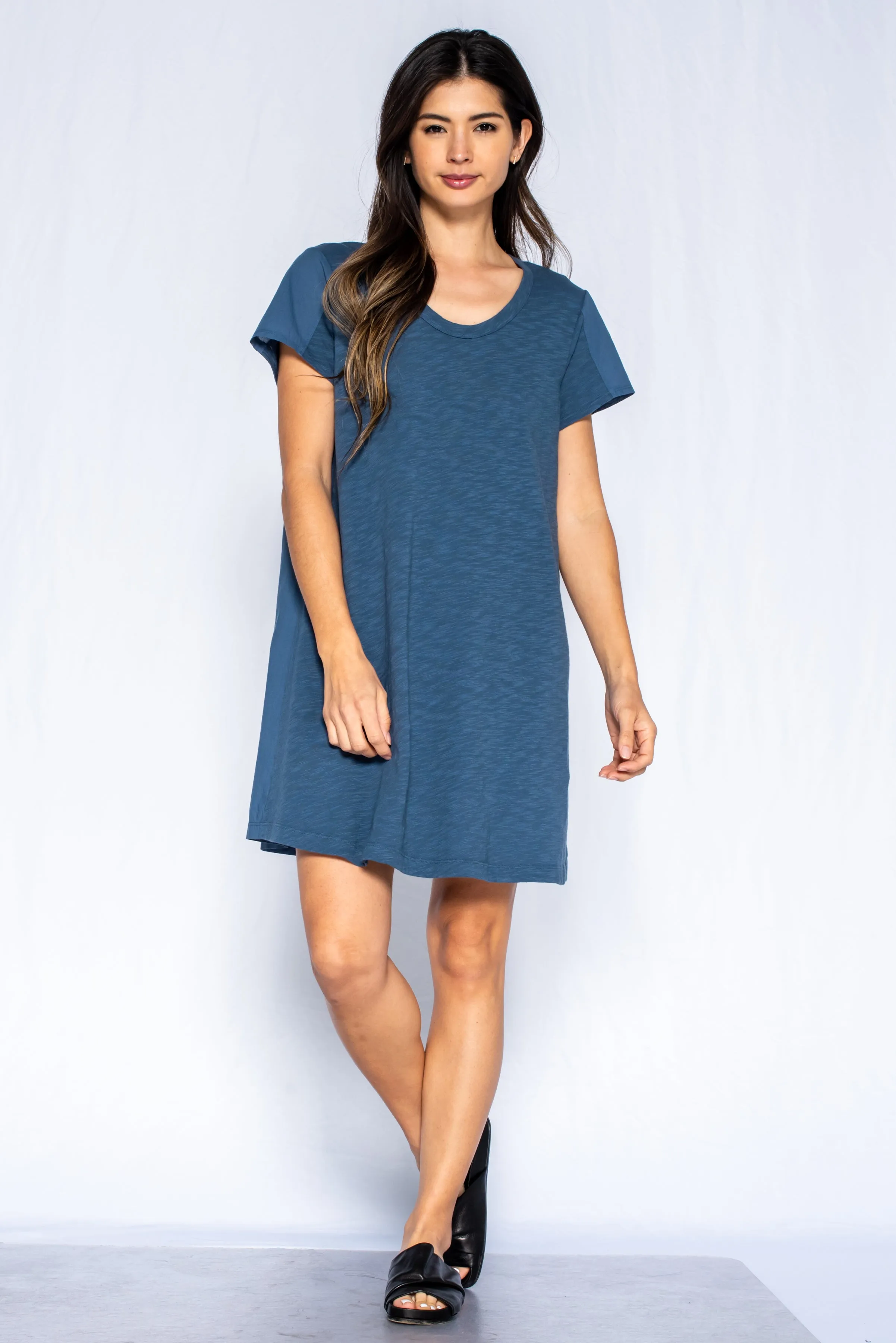 Crew Short Sleeve Trapeze Dress Slub/Poplin Mix AdjustableWaist Low Care