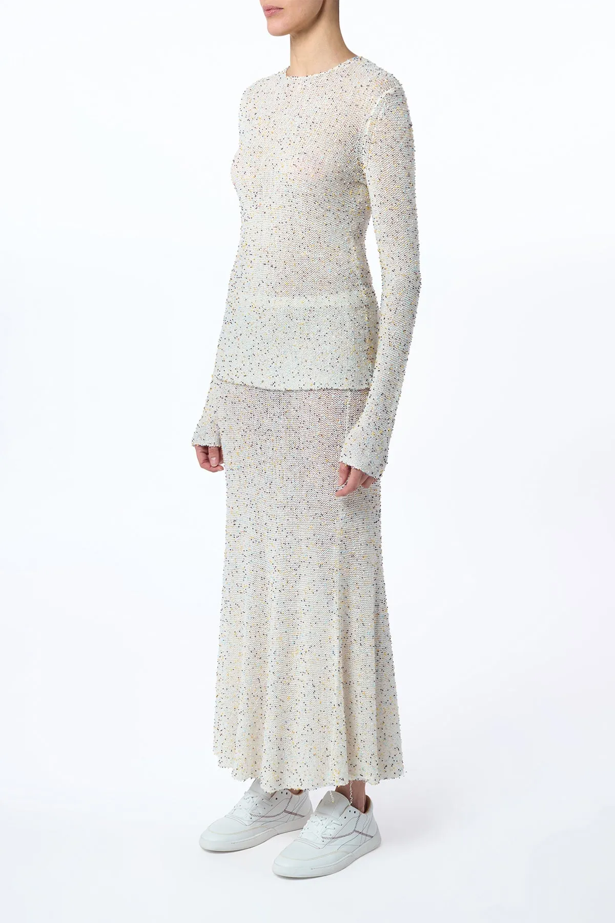 Sabine Knit Maxi Skirt in Ivory Multi Beaded Cashmere Subtle Shimmer Relaxed Style