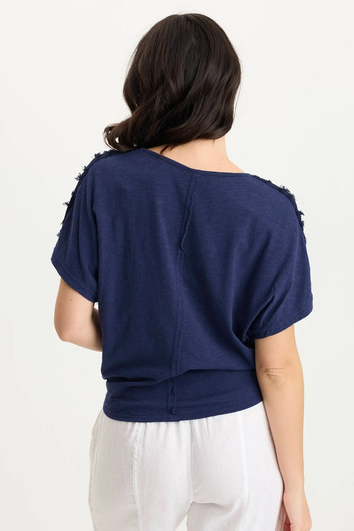 Curine Stripe Voile/Jersey Knotted V-Neck Top UVProtection