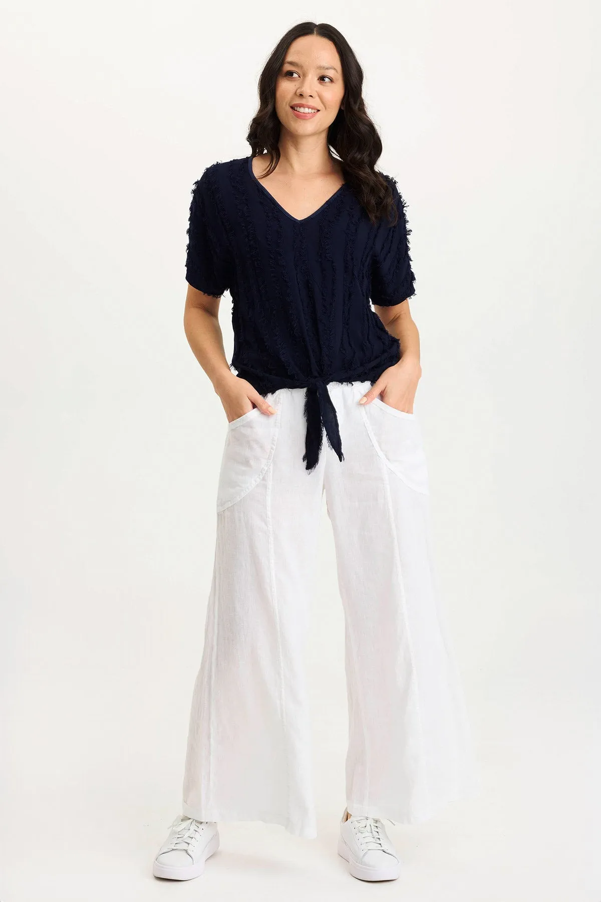 Curine Stripe Voile/Jersey Knotted V-Neck Top QuickDry Urban Chic