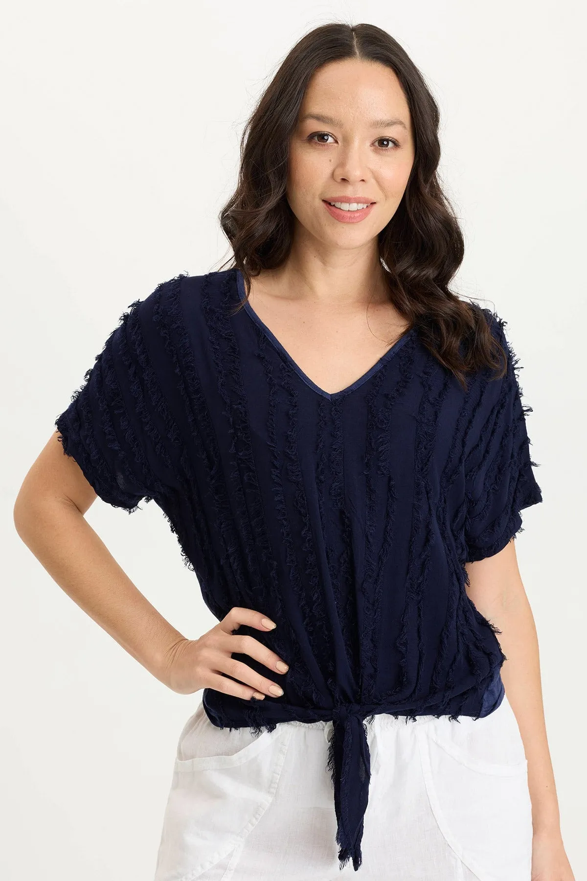 Heat Safe Curine Stripe Voile/Jersey Knotted V-Neck Top