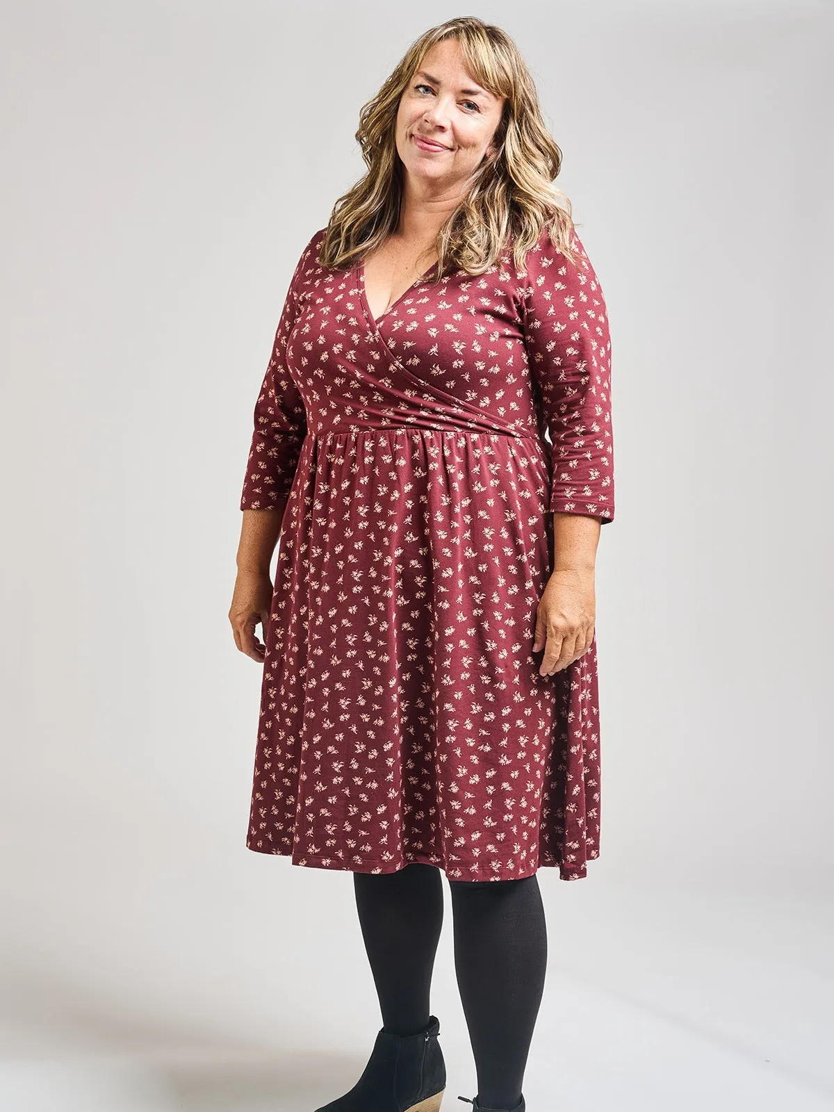 Callie 3/4 Sleeve Plus Size Wrap Dress - Burgundy Bouquet Daily Use