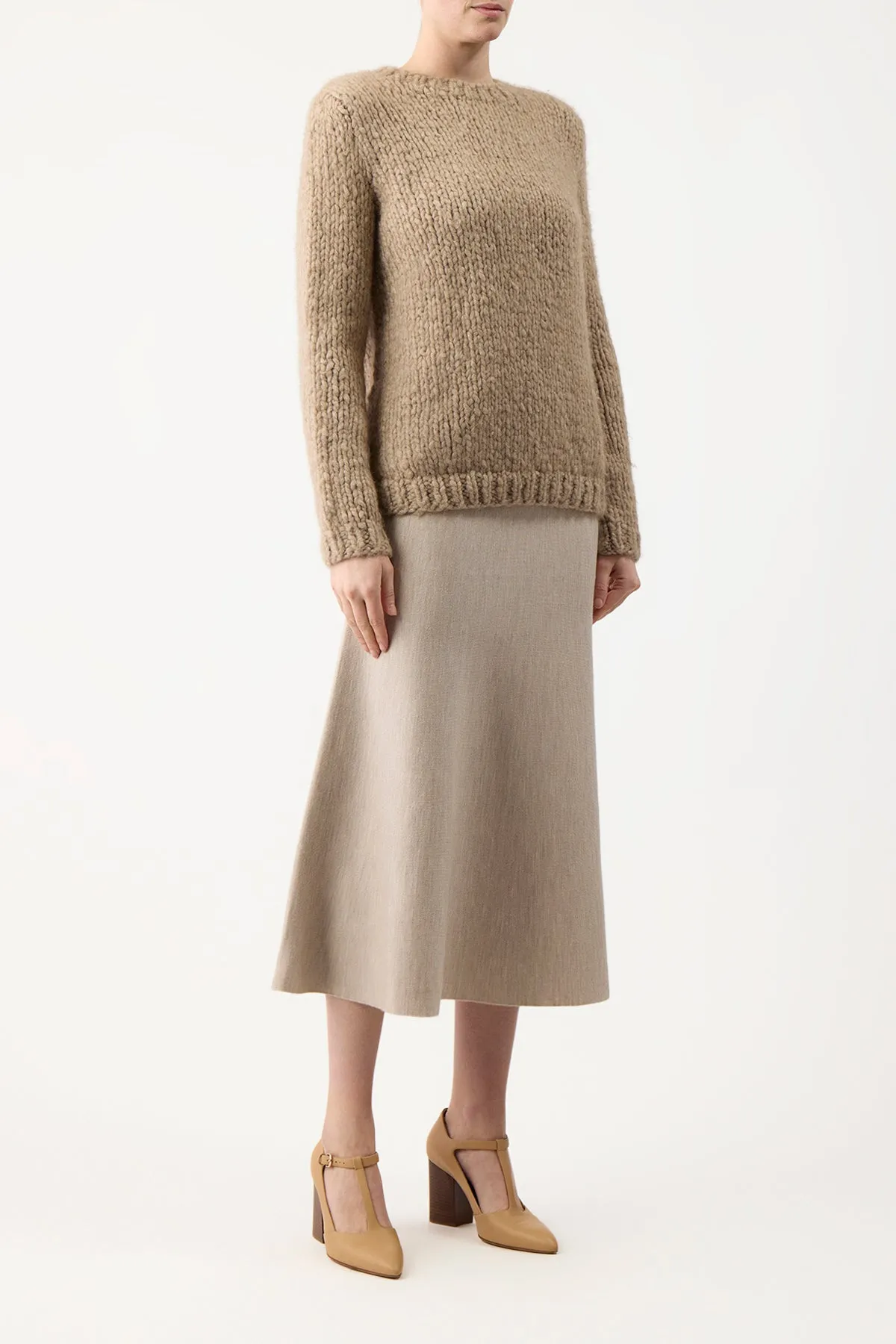 Detachable Tie Smooth Motion Freddie Knit Midi Skirt in Oatmeal Merino Wool Cashmere