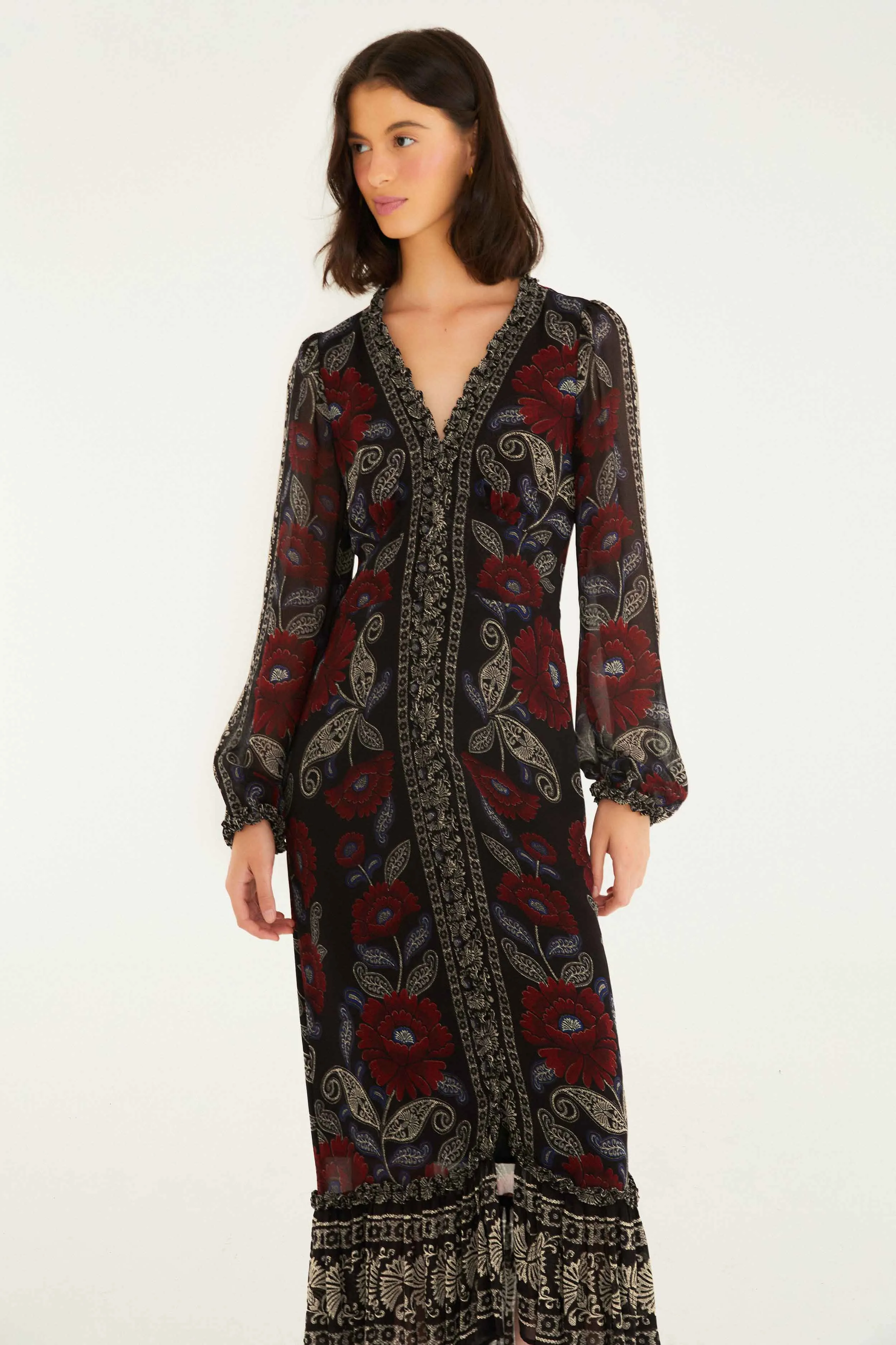 Black Valentina Ruffled Long Sleeve Midi Dress Casual Elegance