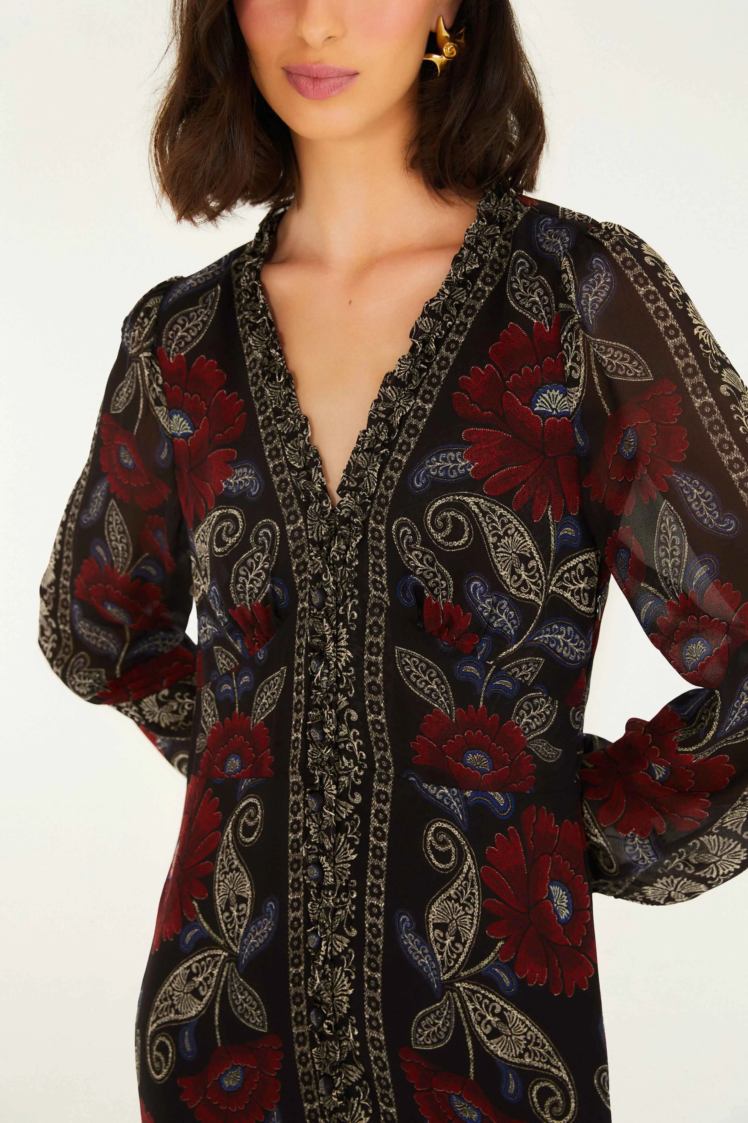 Black Valentina Ruffled Long Sleeve Midi Dress Self expression