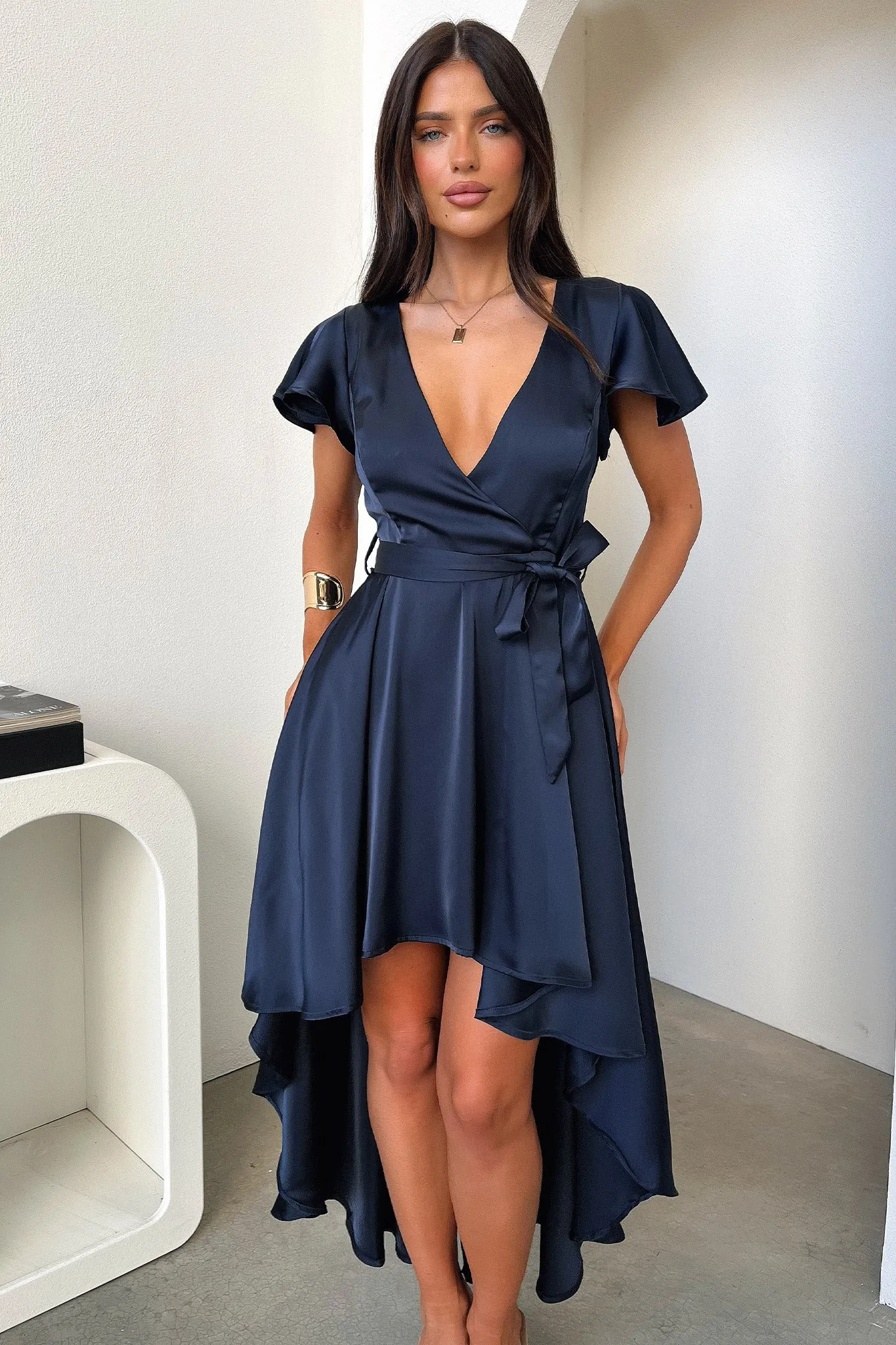 Storm Sky Comfortable chic Amelia Satin Midi Dress - Navy