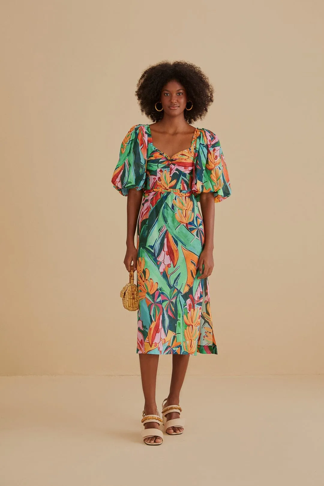 Multicolor Banana Foliage Puff Sleeve Midi Dress Stone Touch slow life