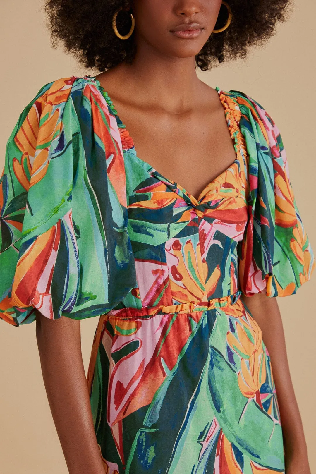 Sophisticated Touch Multicolor Banana Foliage Puff Sleeve Midi Dress