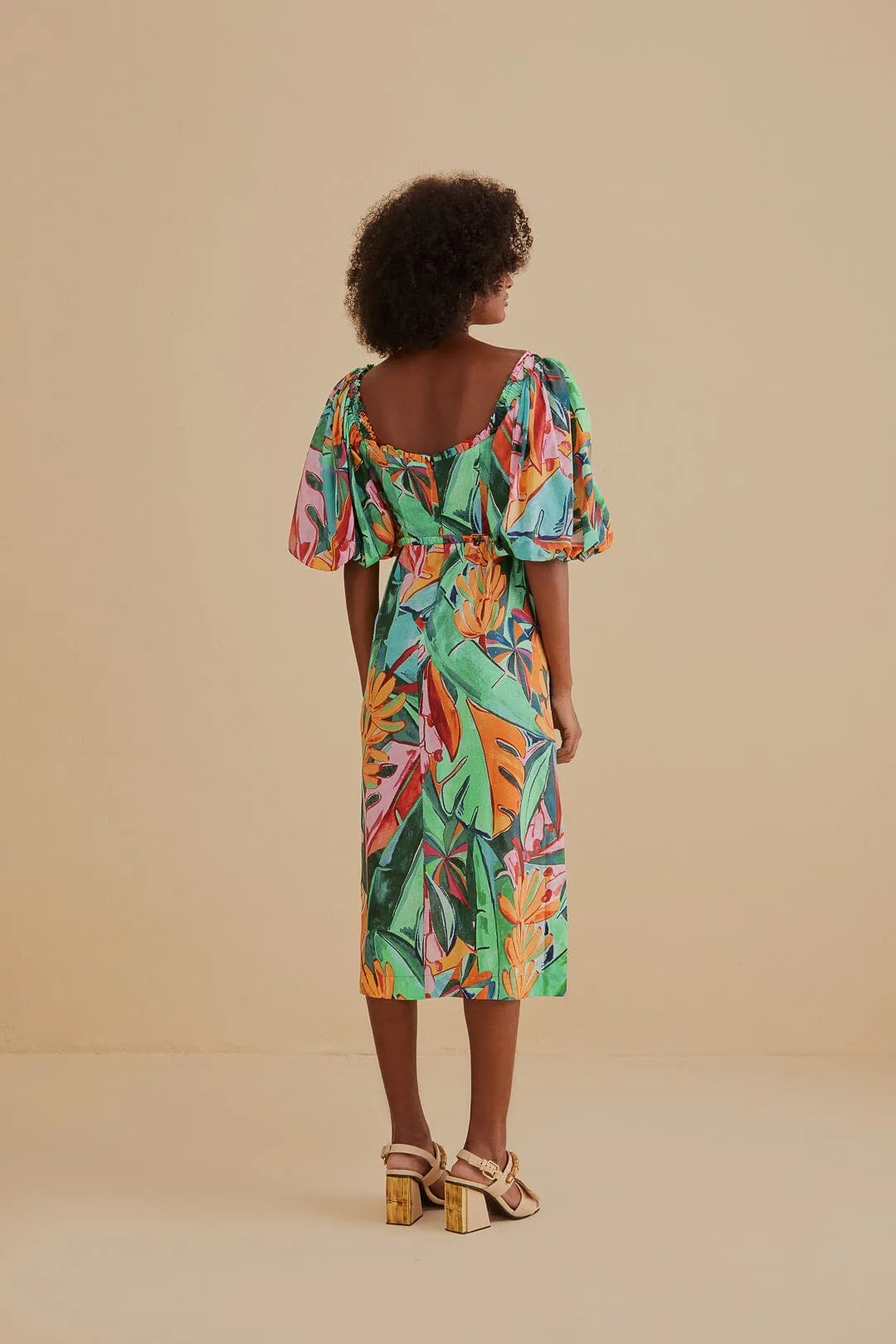 Casual weekend midi Leaf Song Multicolor Banana Foliage Puff Sleeve Midi Dress