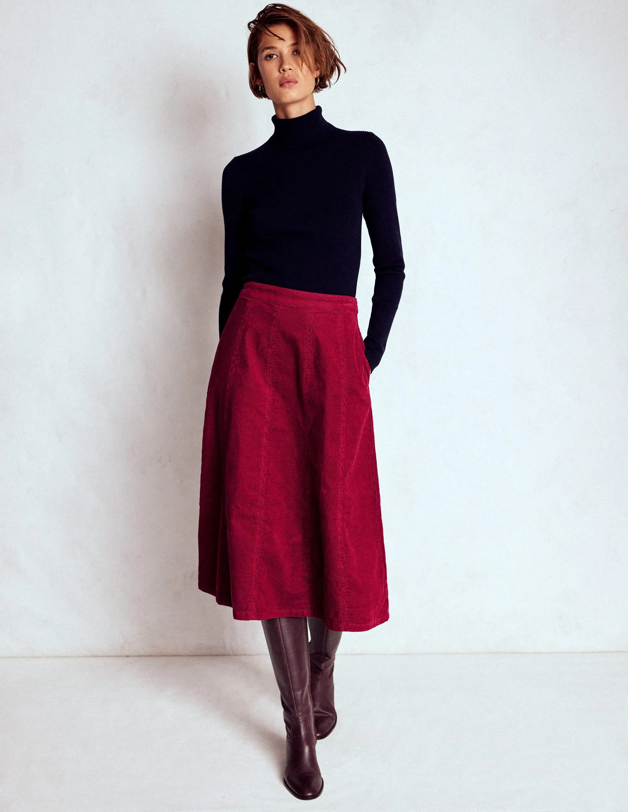 Joy Cord Midi Skirt-Burgundy Red Innovative Fabric