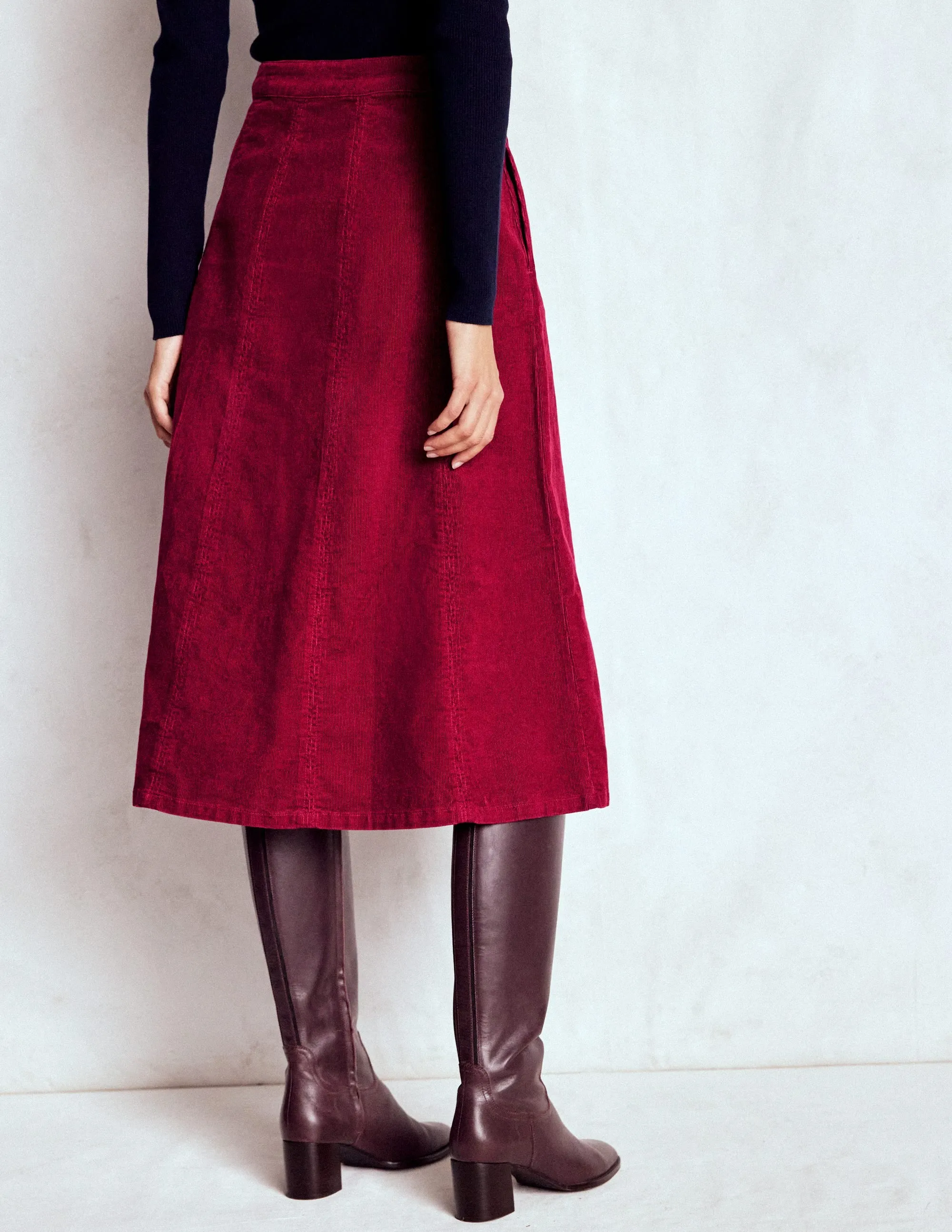 Comfort Wear Stylish Choice Joy Cord Midi Skirt-Burgundy Red