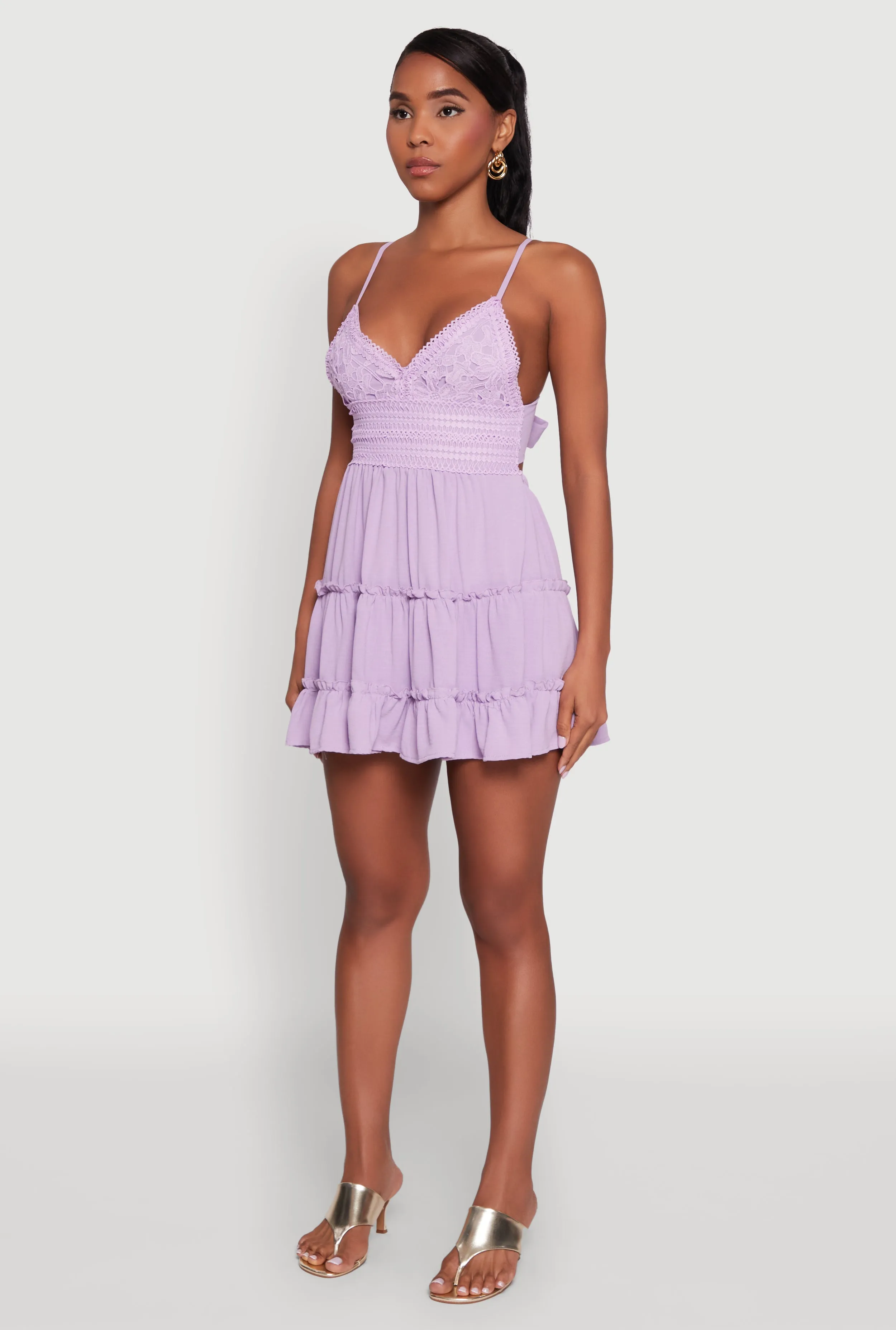 Relaxed Silhouette Chic Crochet Detail V Neck Tiered Dress