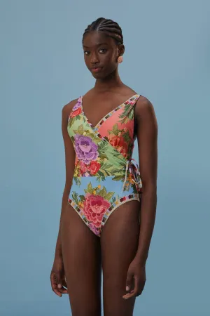 Saltwater Proof Stitch Reinforcement Flower Scarves One Piece Swimsuit