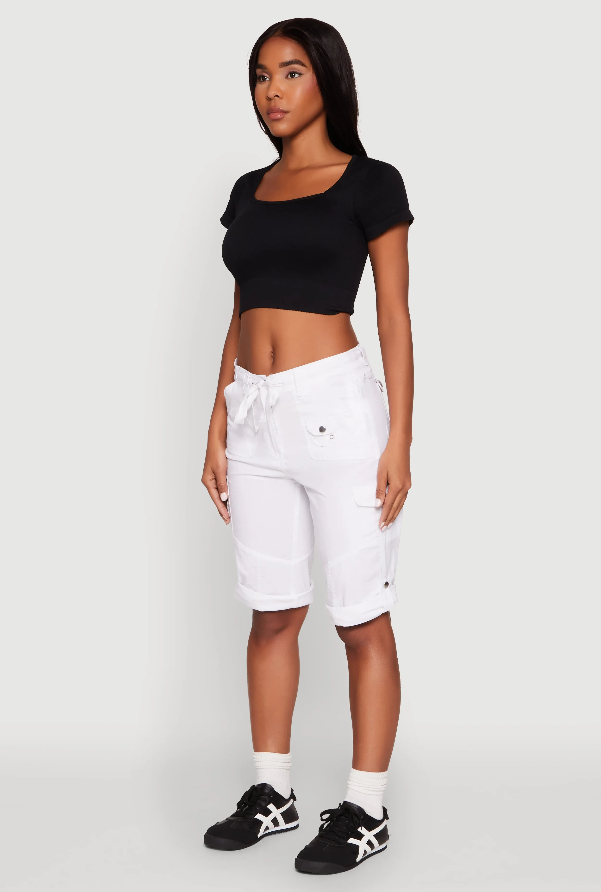 Faux Drawstring Waist Cargo Bermuda Shorts High Rise Waist