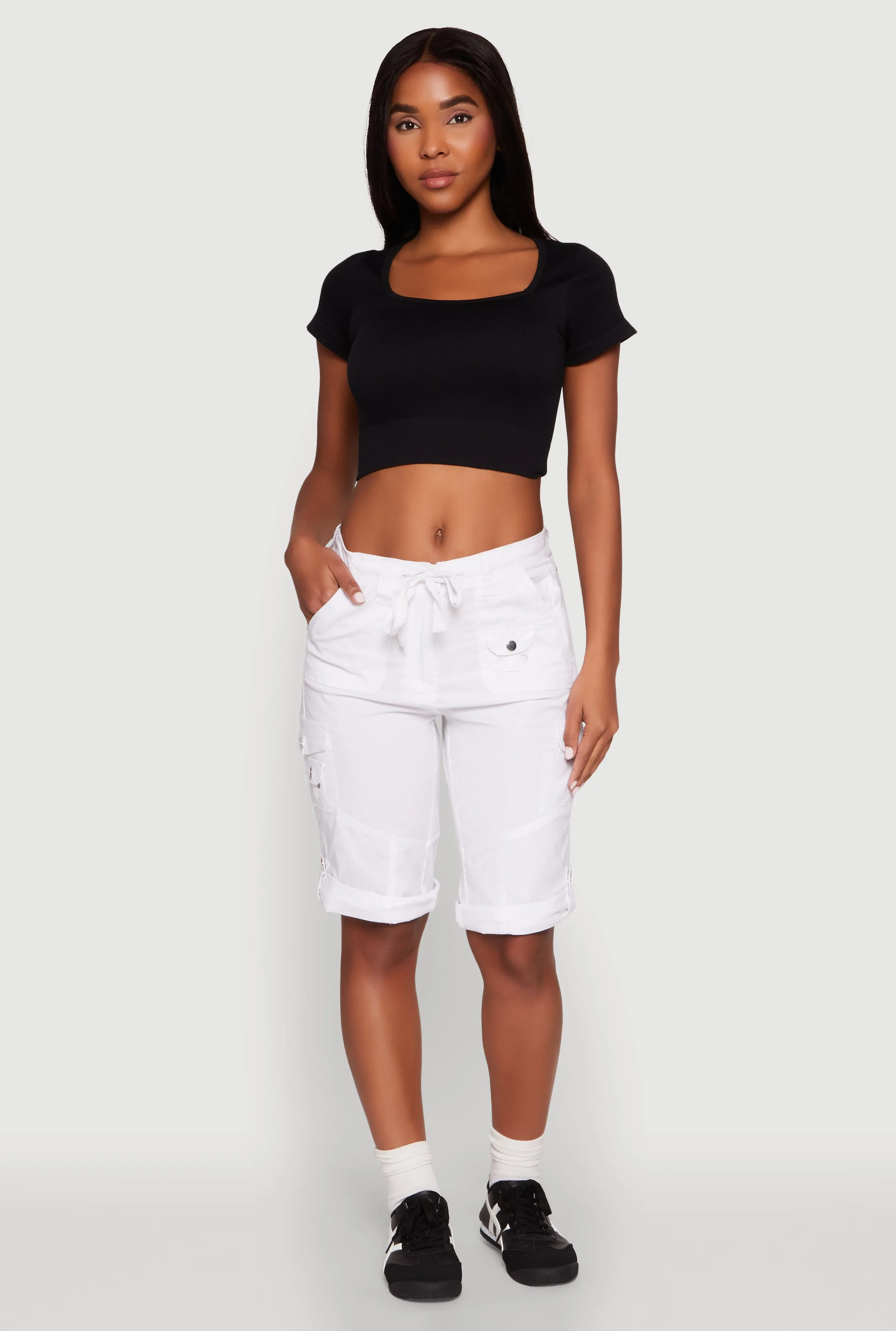 Faux Drawstring Waist Cargo Bermuda Shorts Business casual corduroy shorts