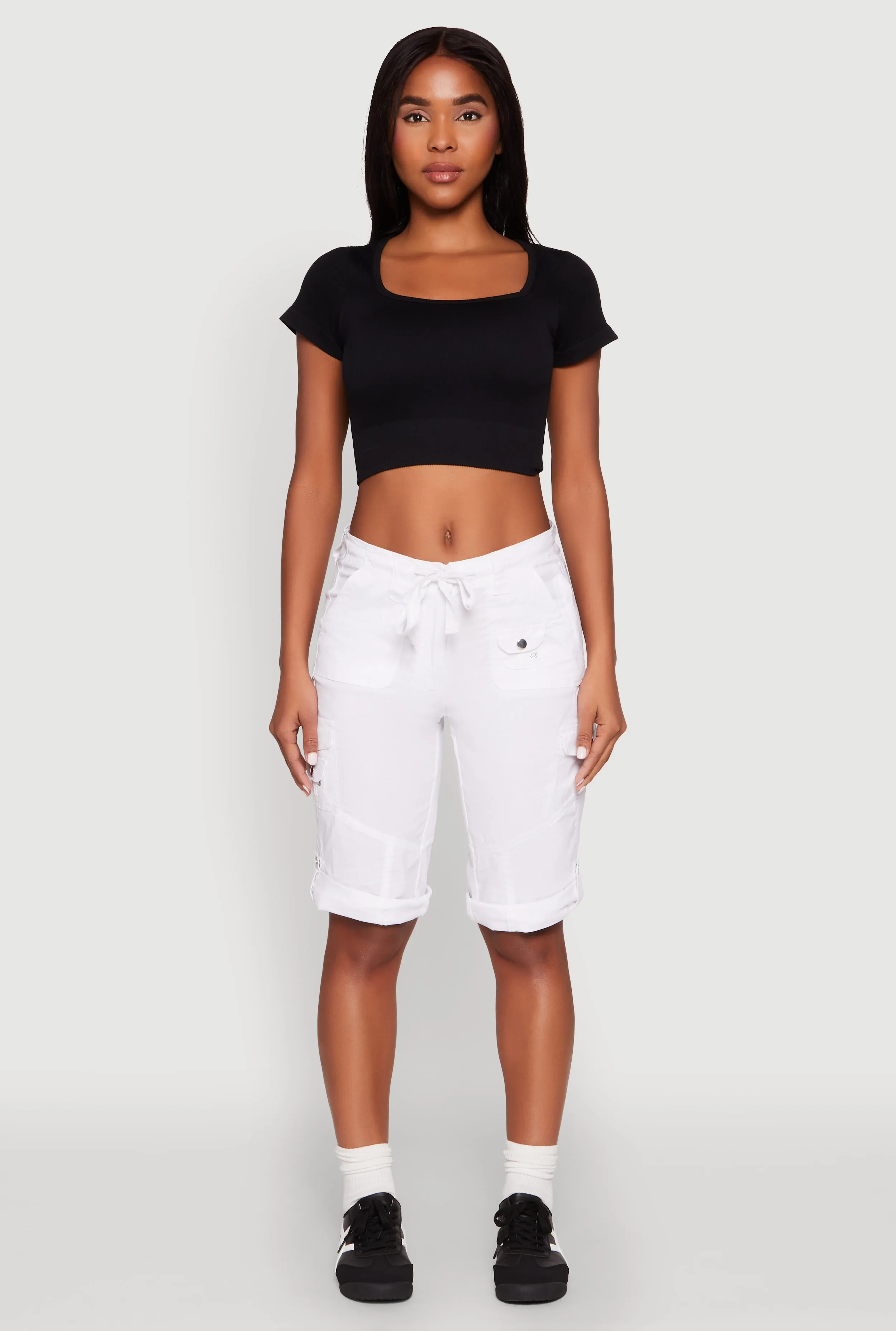 RecycledPolyester Quick Access Zip Pockets Faux Drawstring Waist Cargo Bermuda Shorts