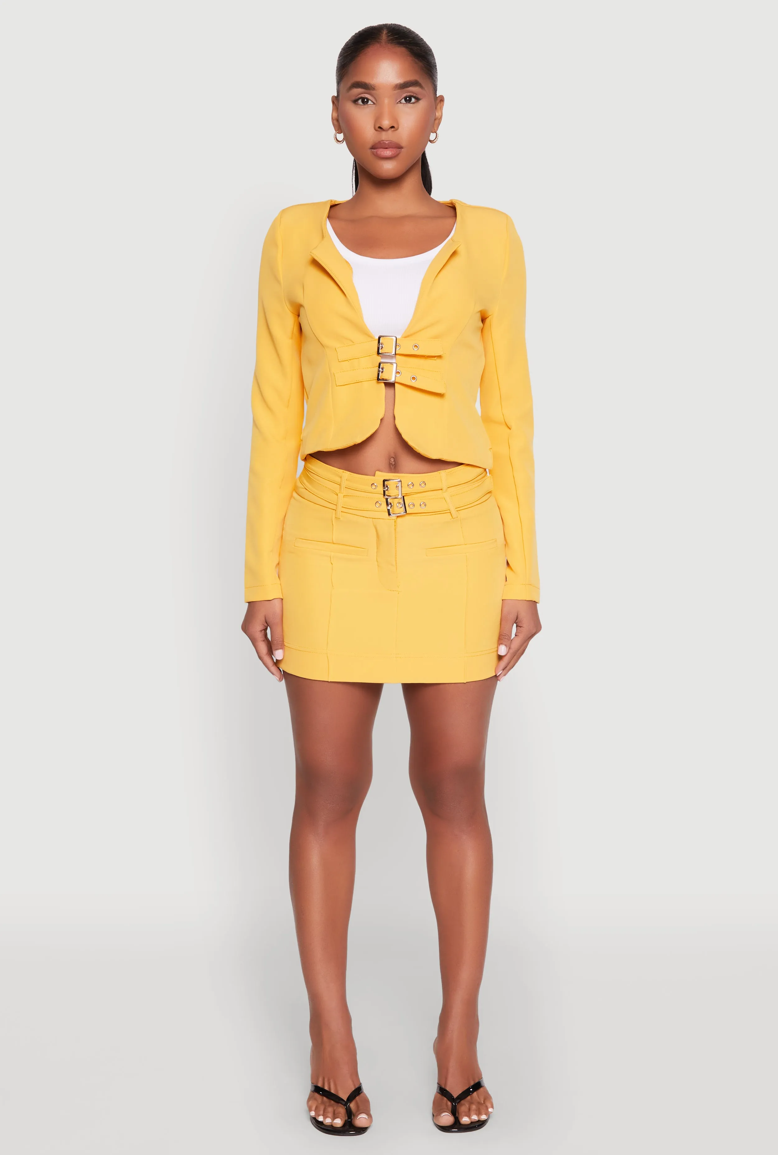 Double Buckle Front Mini Skirt Contrast Panel Everyday Vibe