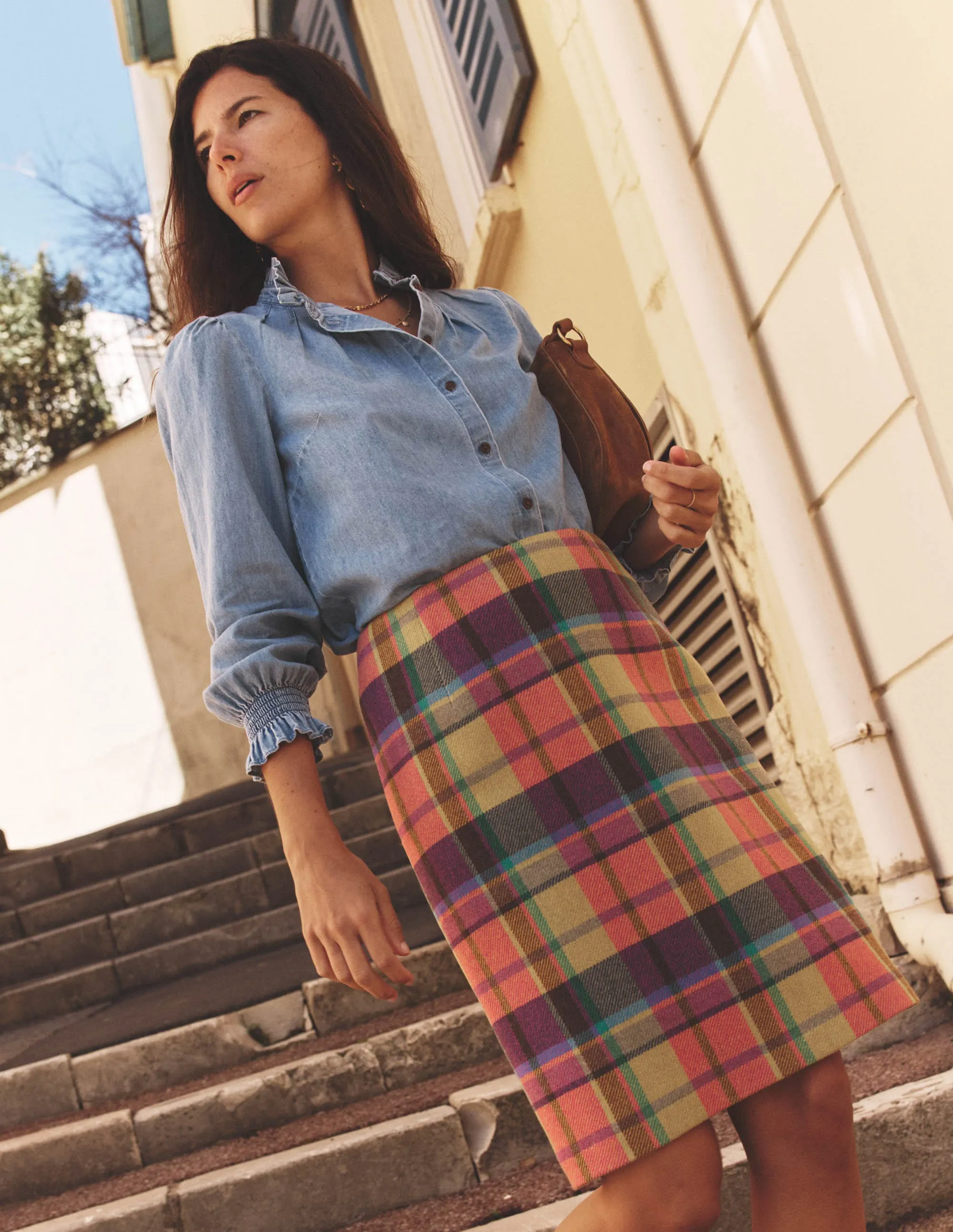 Gia Wool Short Skirt-PoppyRed and Pink Multigingham Soft Finish