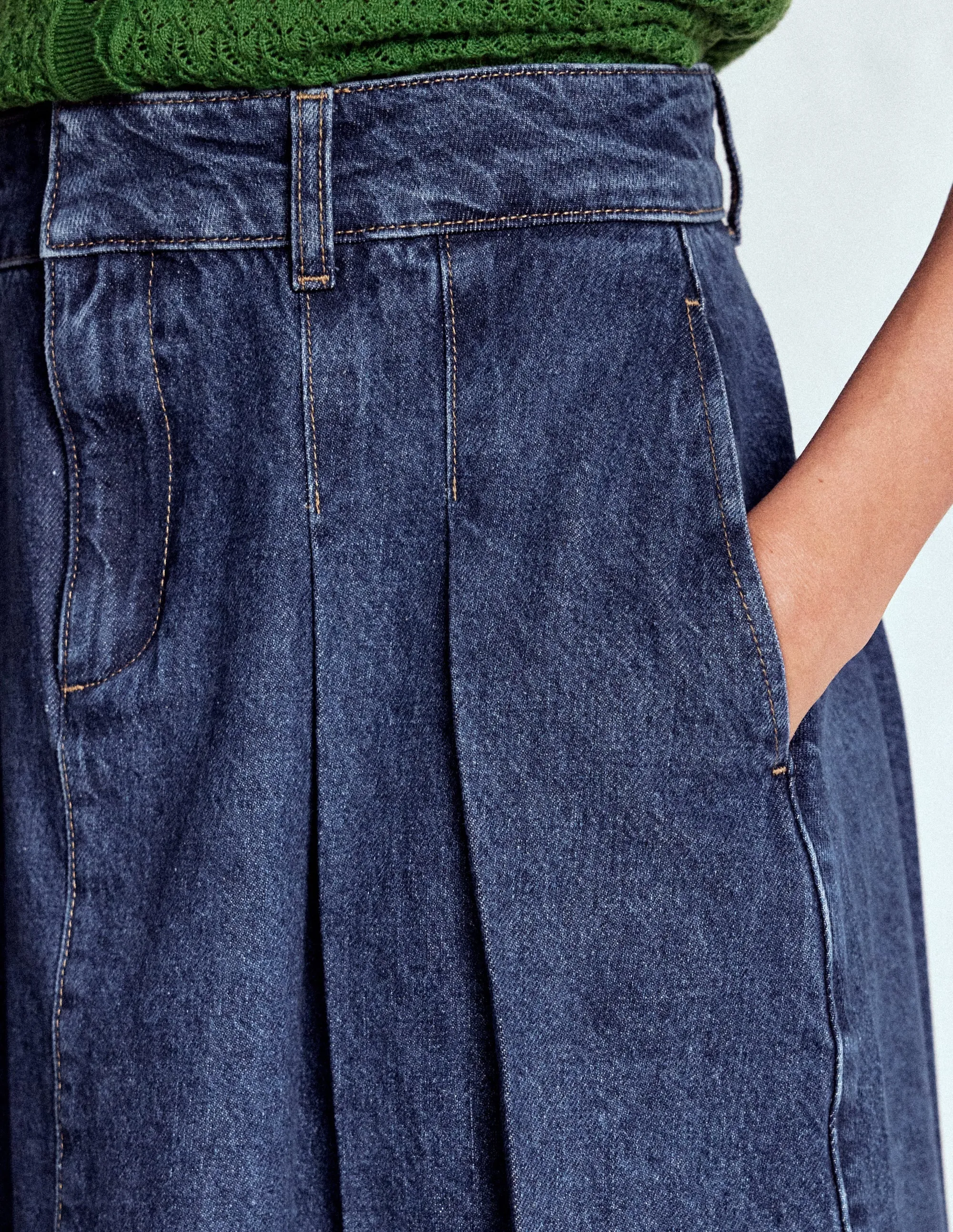 Pleated Denim Skirt-Mid Wash Striped Design Maternity Friendly