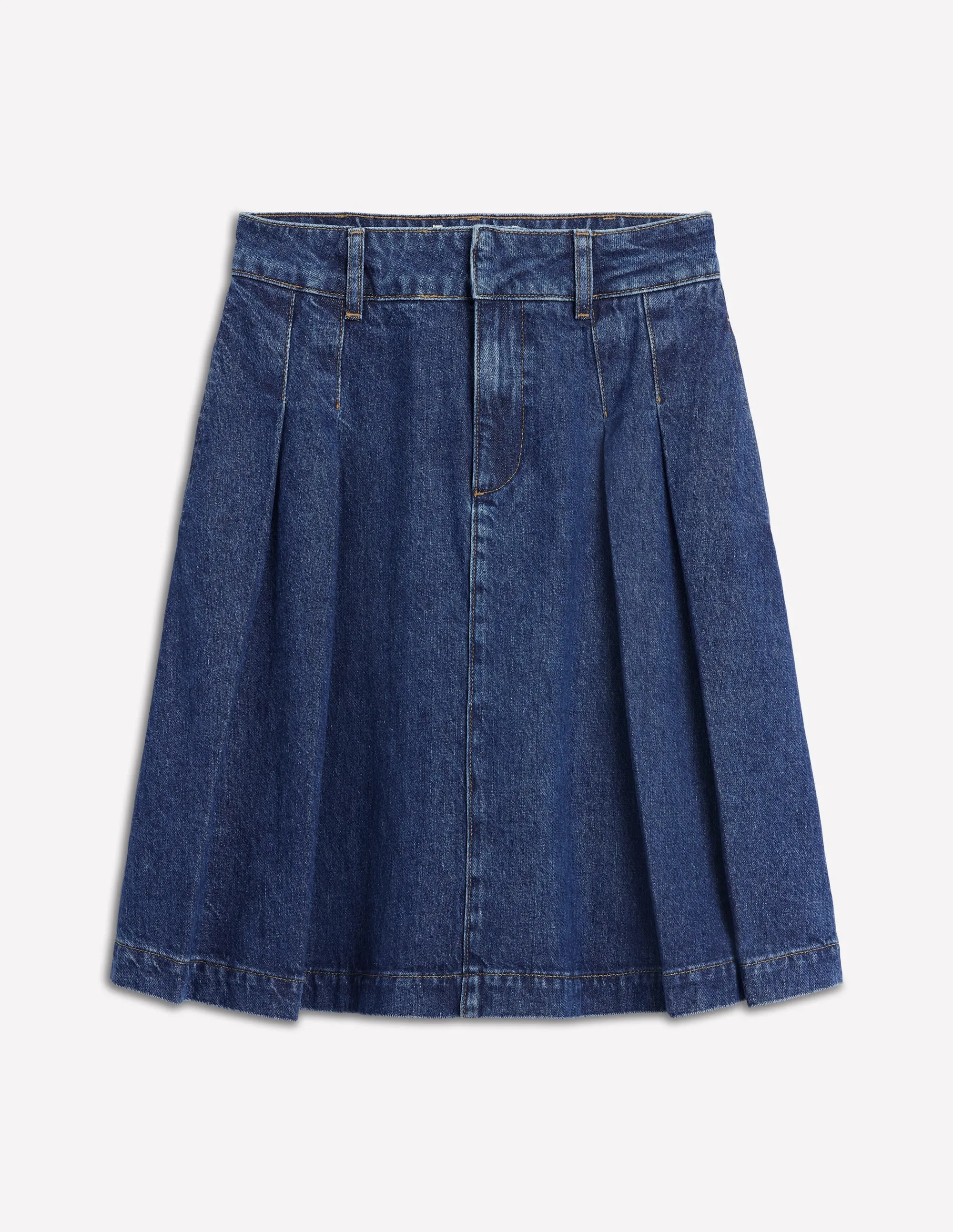 Pleated Denim Skirt-Mid Wash Polished Touch Sleek Motion