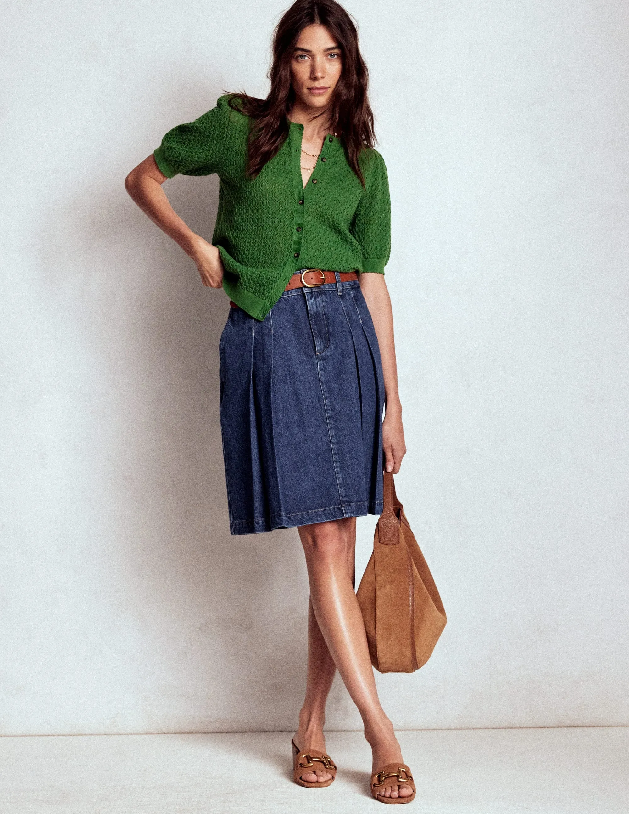 Breathable fabric Pleated Denim Skirt-Mid Wash