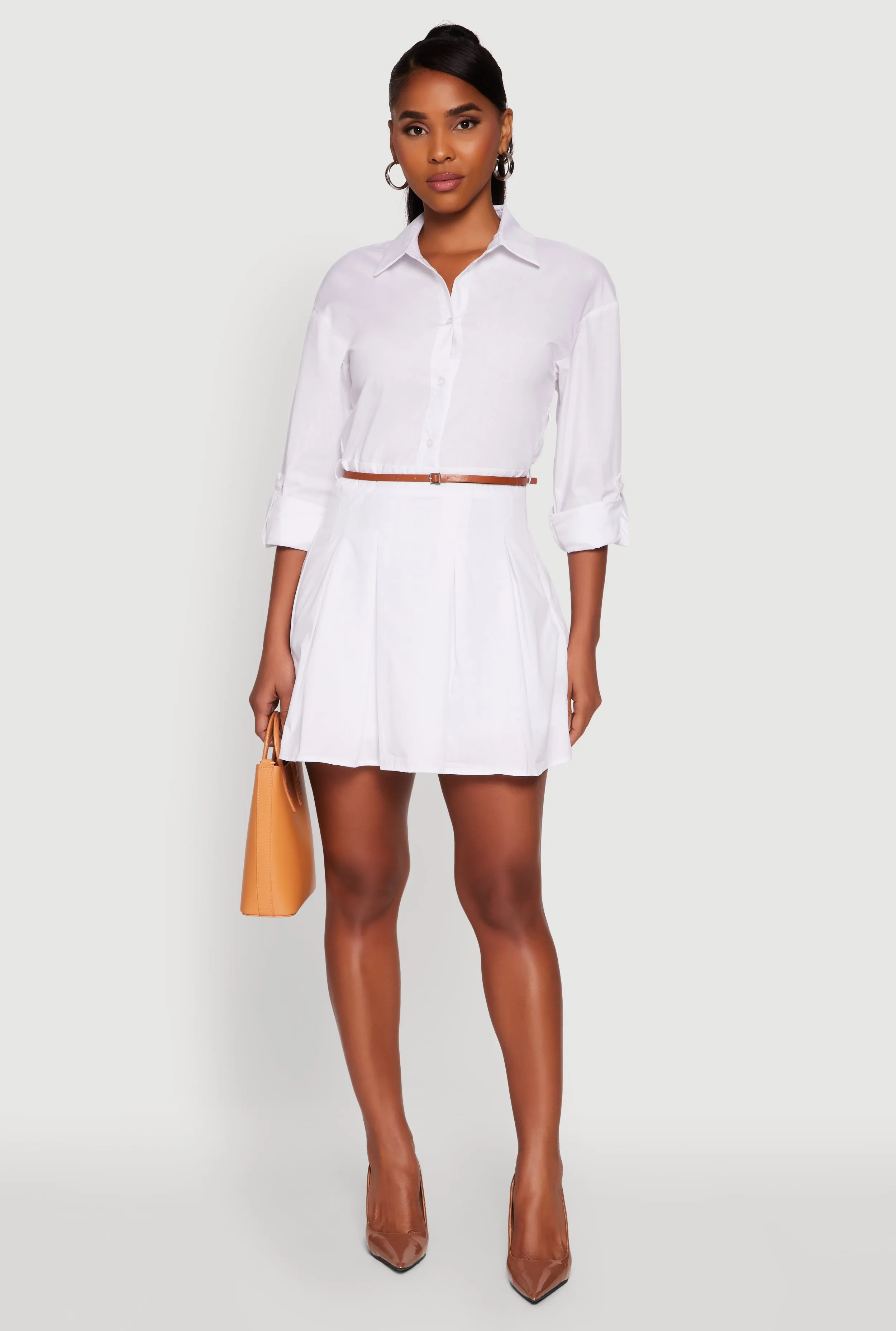 Tabbed Sleeve Belted Button Front Shirt Dress quick dry
