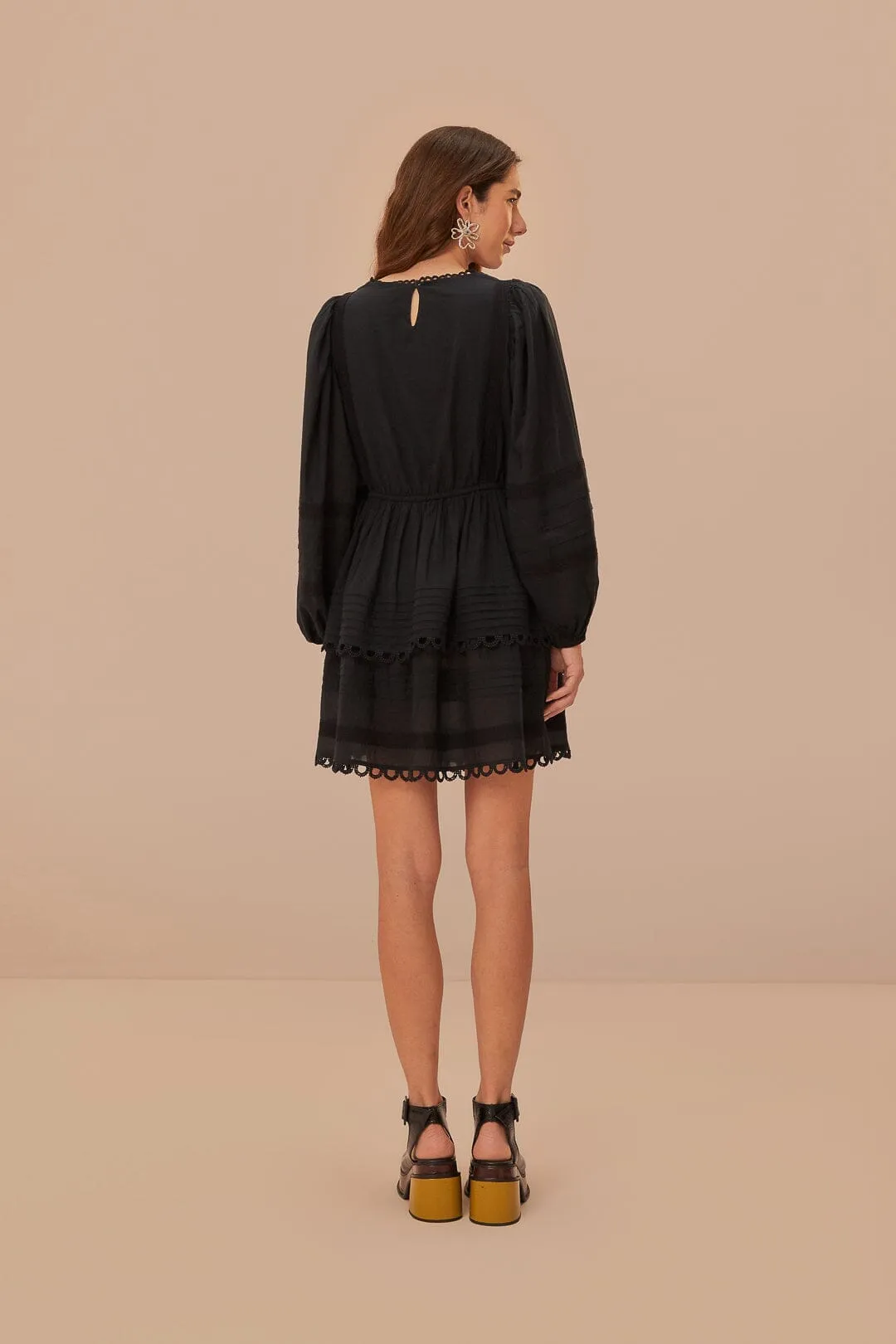 A Line Silhouette Coquette Feel Black Lace Long Sleeve Mini Dress