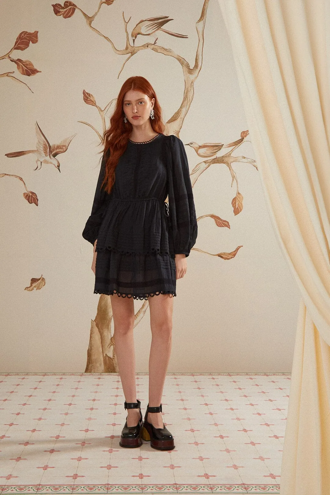 Black Lace Long Sleeve Mini Dress Travel Light Modern body-hugging short dress