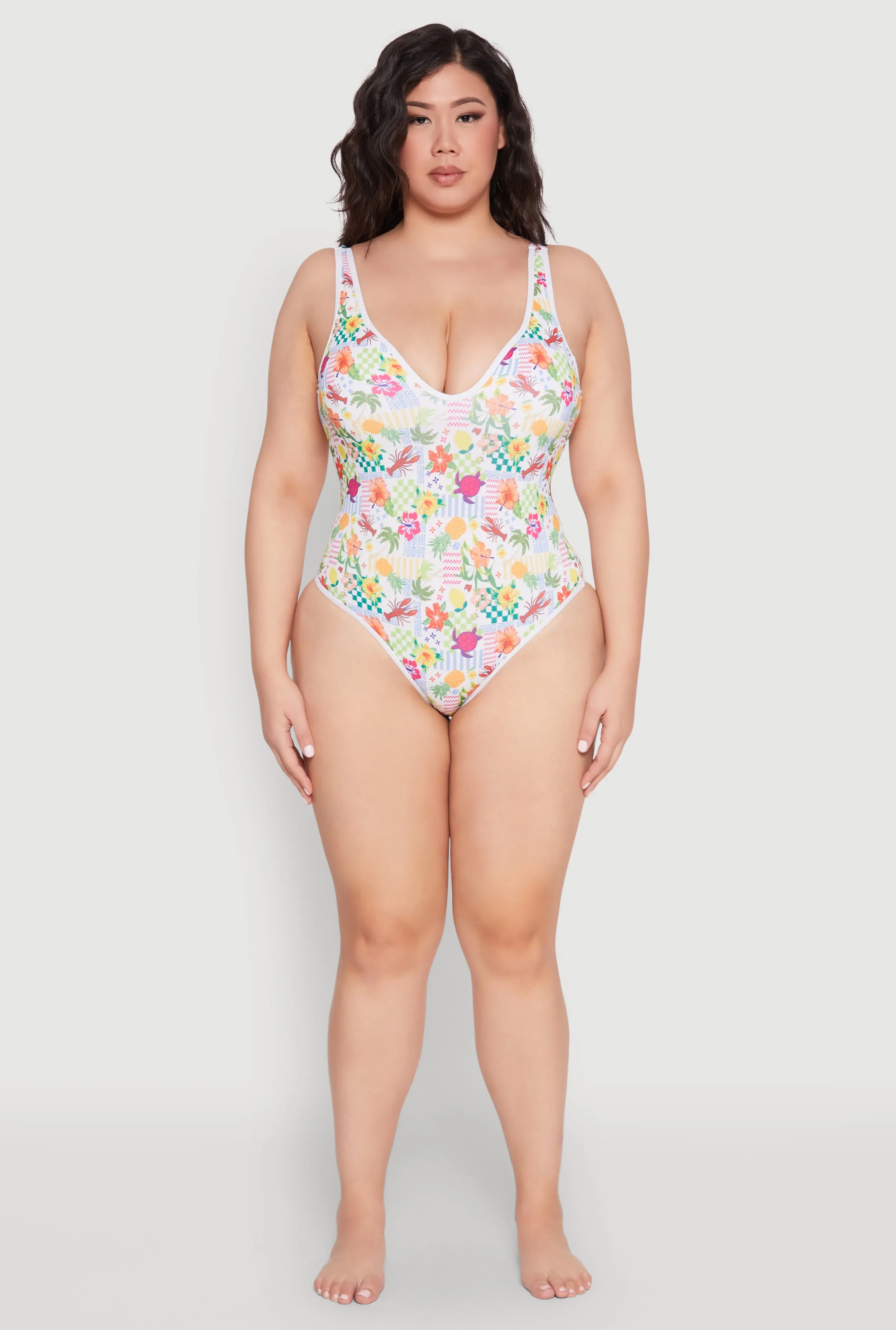 Plus Size Turtle Tropical Floral Print One Piece Swimsuit Compression Panels Stretch Recovery Fabric