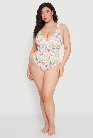 Wrinkle resistant fabric Plus Size Turtle Tropical Floral Print One Piece Swimsuit