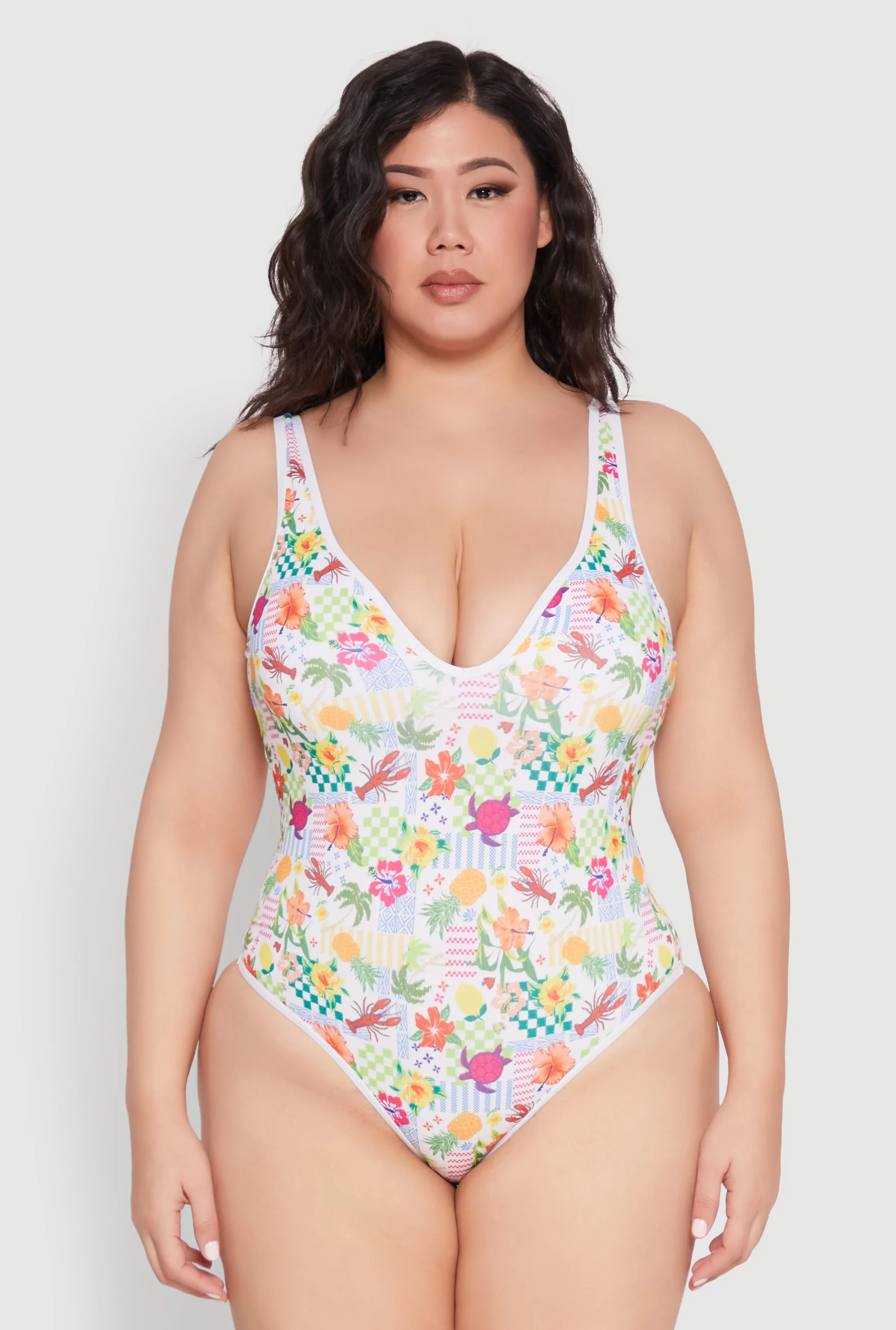 Plus Size Turtle Tropical Floral Print One Piece Swimsuit Recycled Polyester
