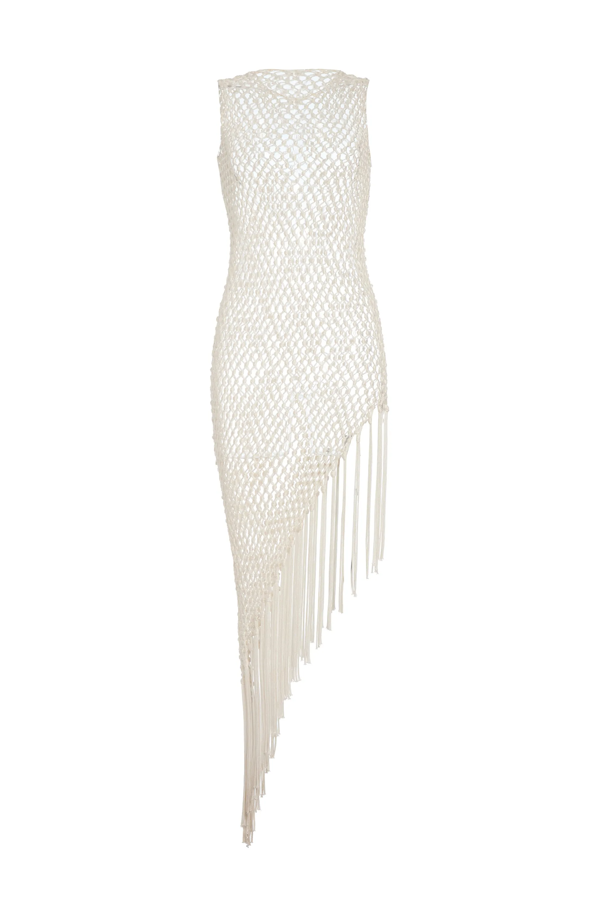 Nabia L Fringe Macrame Maxi Dress in Ivory Silk Day Glow
