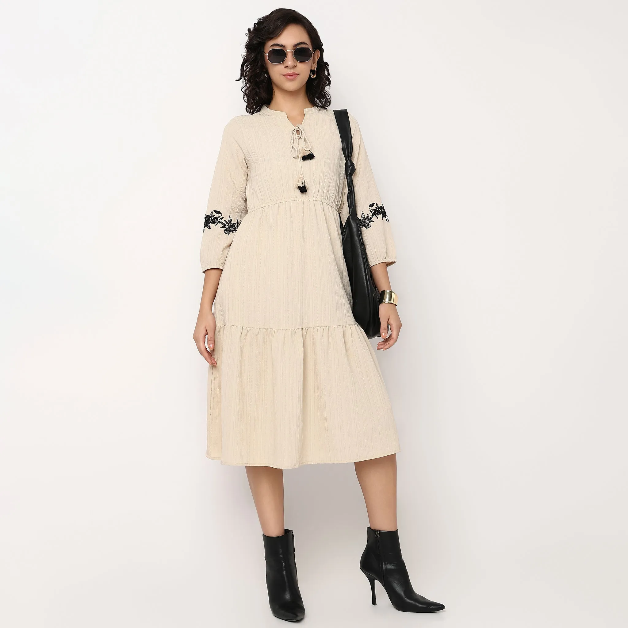 Woven Full Sleeves Tiered Dress HighCollar Style Serene Ease