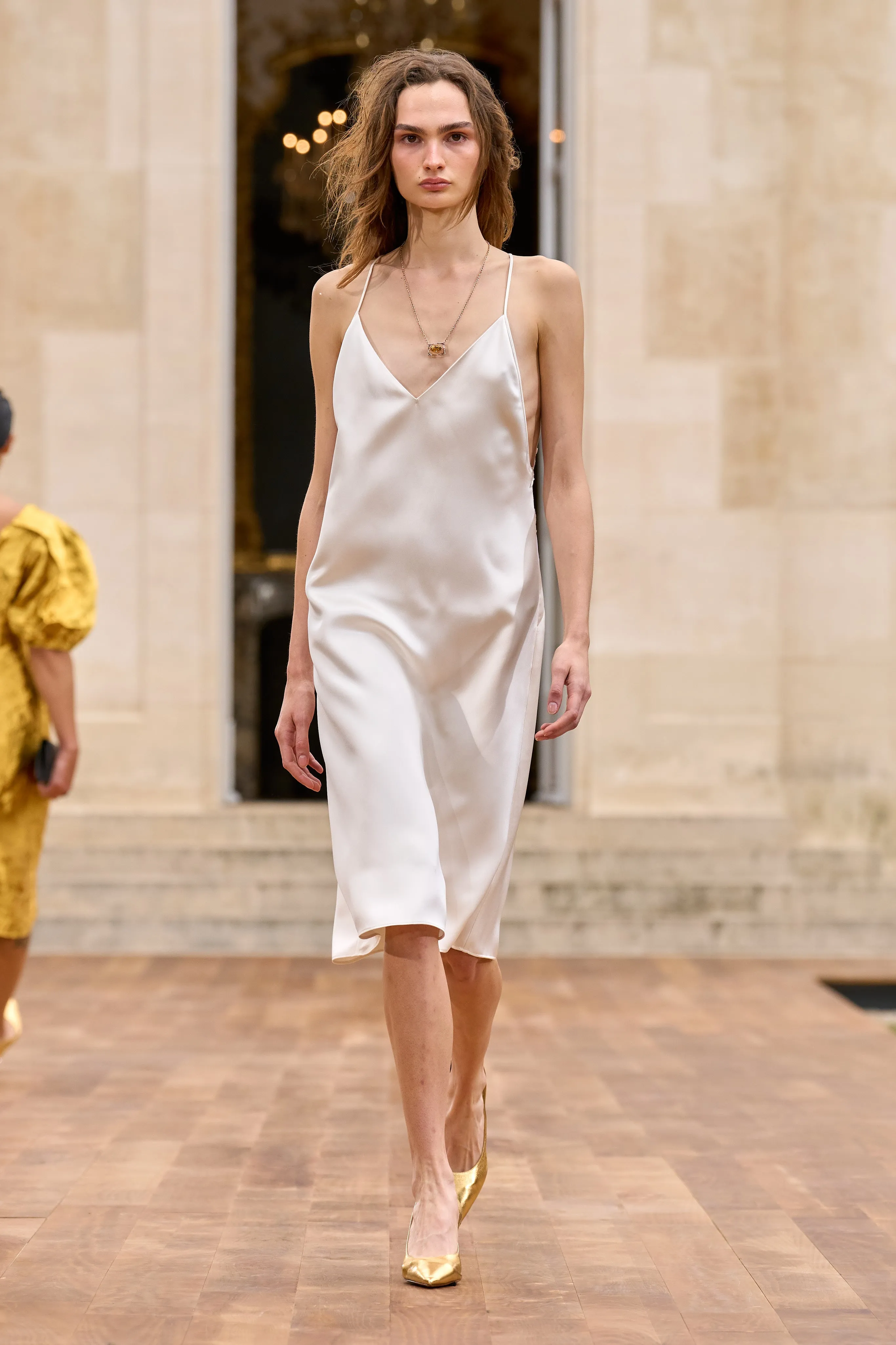HighDensity Weave DoubleStitchedEdges Dinah Slip Midi Dress in Ivory Silk Satin
