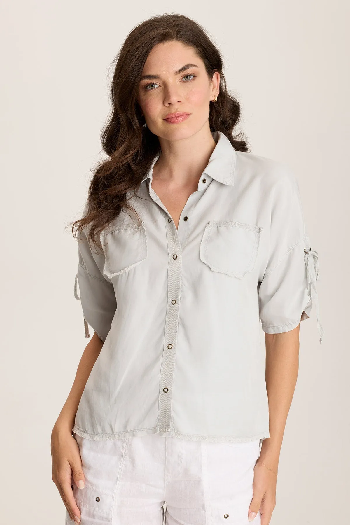 Vinton Twill Jersey Button-Up Collared Top Free Shape
