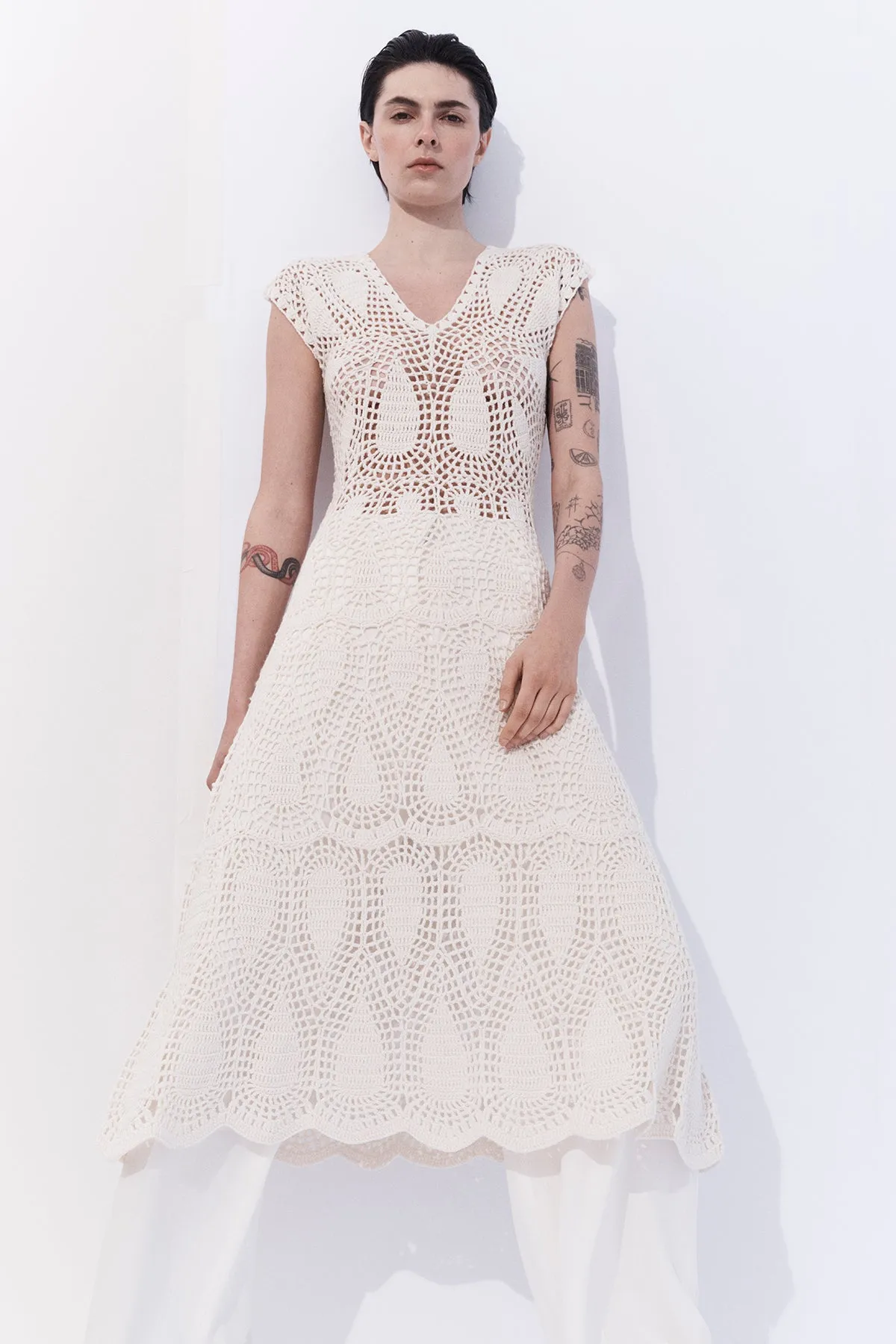 Dream Core Waldman Crochet Maxi Dress in Ivory Wool Cashmere