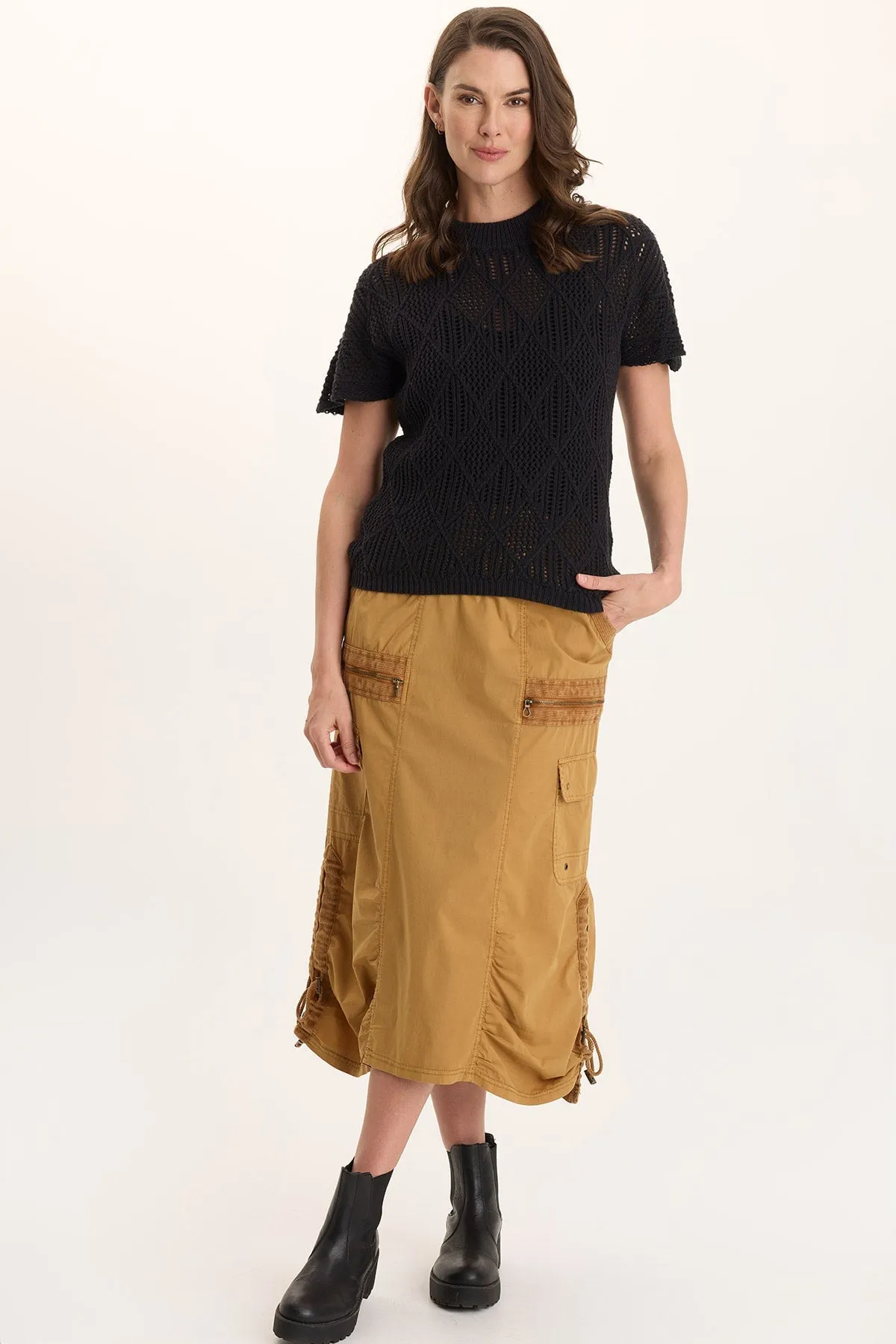 Shea Ruched Detail Cargo Midi Skirt EcoConscious Production FlatlockStitching