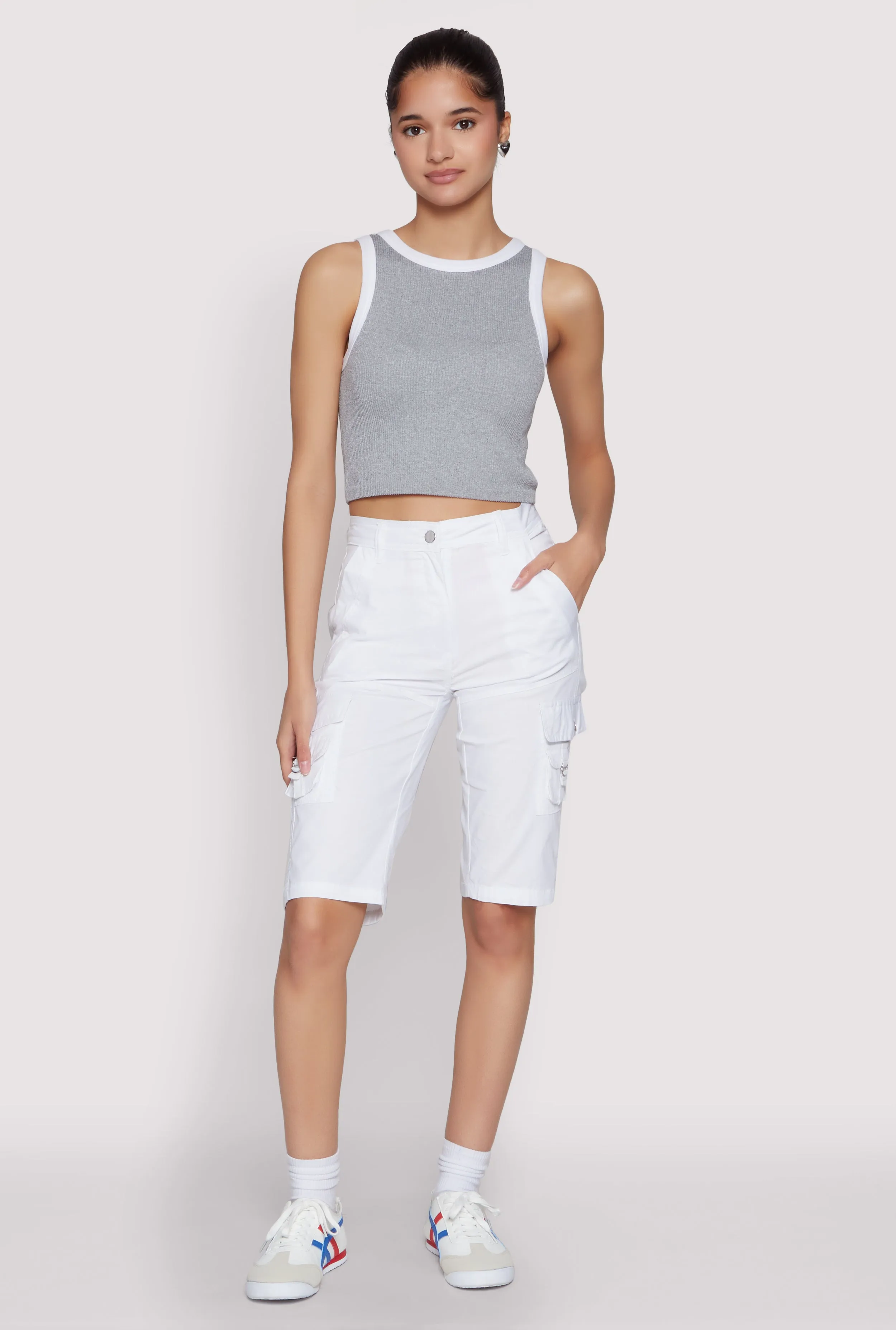 High Waisted Cargo Pocket Bermuda Shorts Simple Style