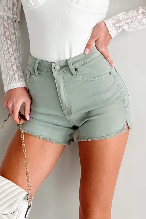 stripe design Wear Resistant Fabric Jennilyn High Rise Frayed Hem Denim Kancan Shorts (Olive)