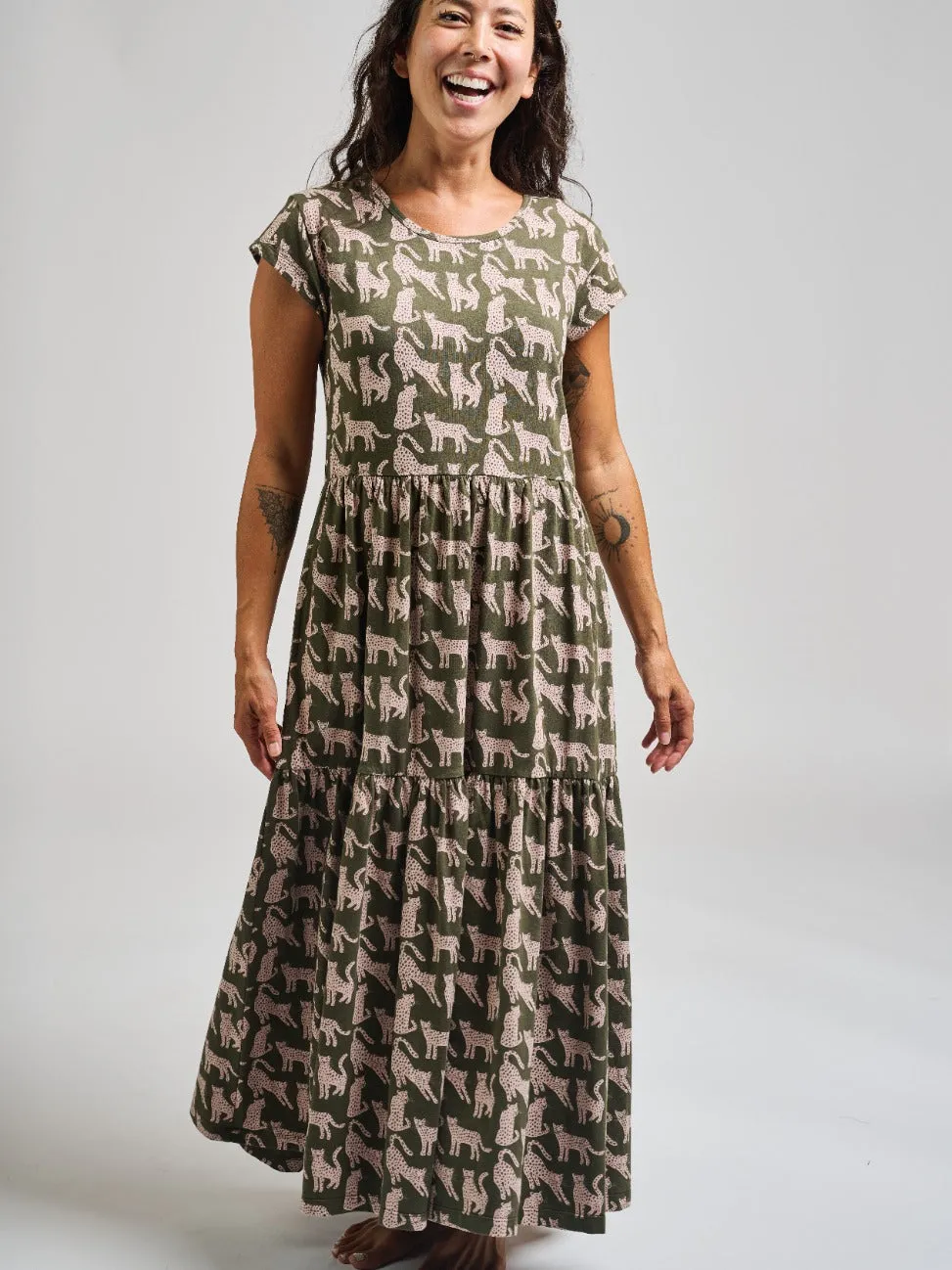 Tiered Jersey Dress - Leopard Green Sunset Scene Semi Formal