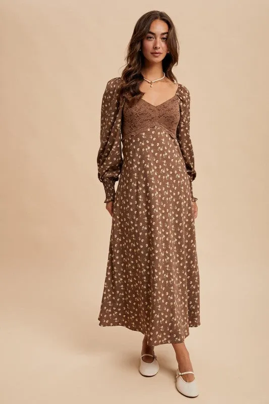 AbrasionResistant Mocha Mousse Lace Panel Floral Dress
