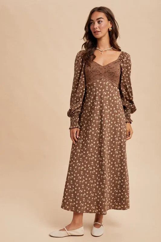 Mocha Mousse Lace Panel Floral Dress Durable Stitching