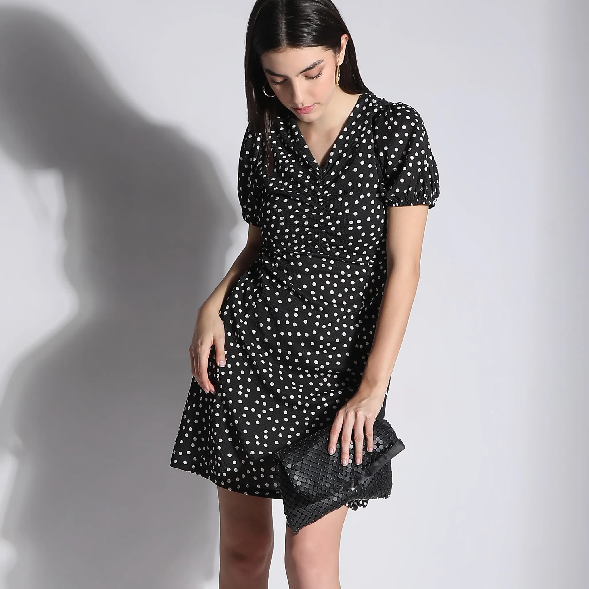 ZeroIrritationLabels Flare Fit Printed Above Knee V-Neck Flared Short Sleeve Dress