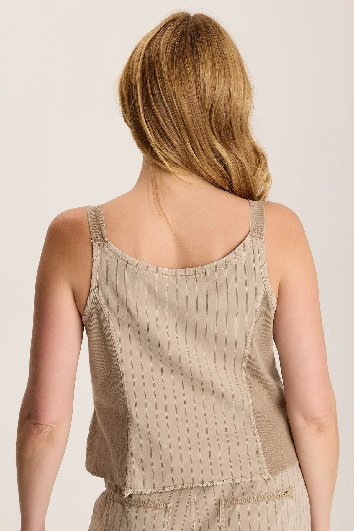 Story Mood Sheer Glow Ludora Linen Stripe Tank with Sharkbite Hem