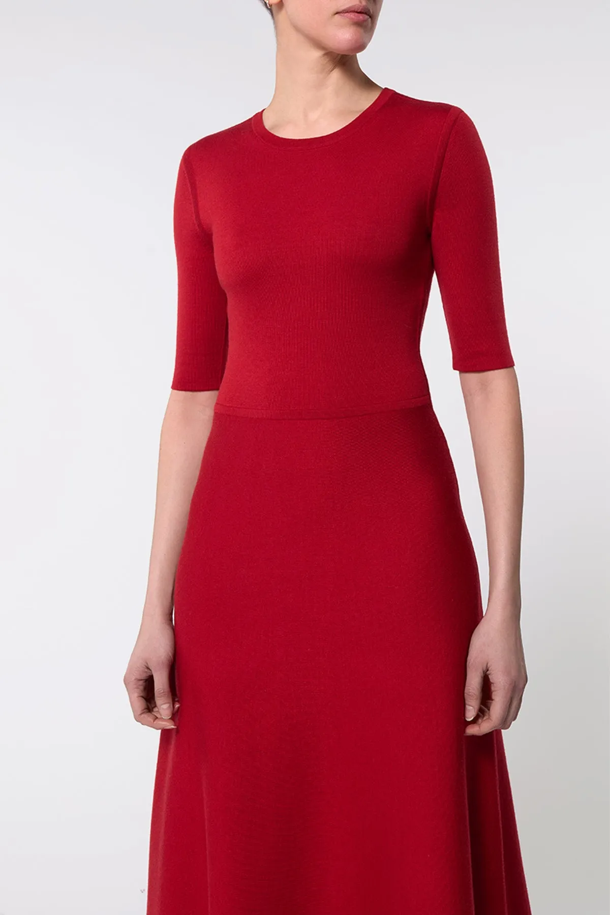 Seymore Knit Midi Dress in Scarlet Red Merino Wool Cashmere Teacher Chic